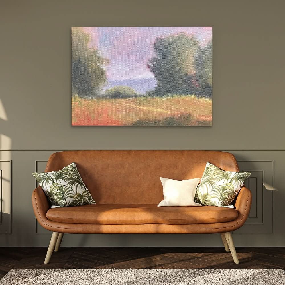 Field Study with Red Flowers - Earth Tones Wall Art for Hallway