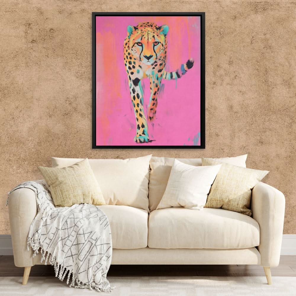 Fierce Cheetah in Pink - Cheetah Wall Art in Black Frame