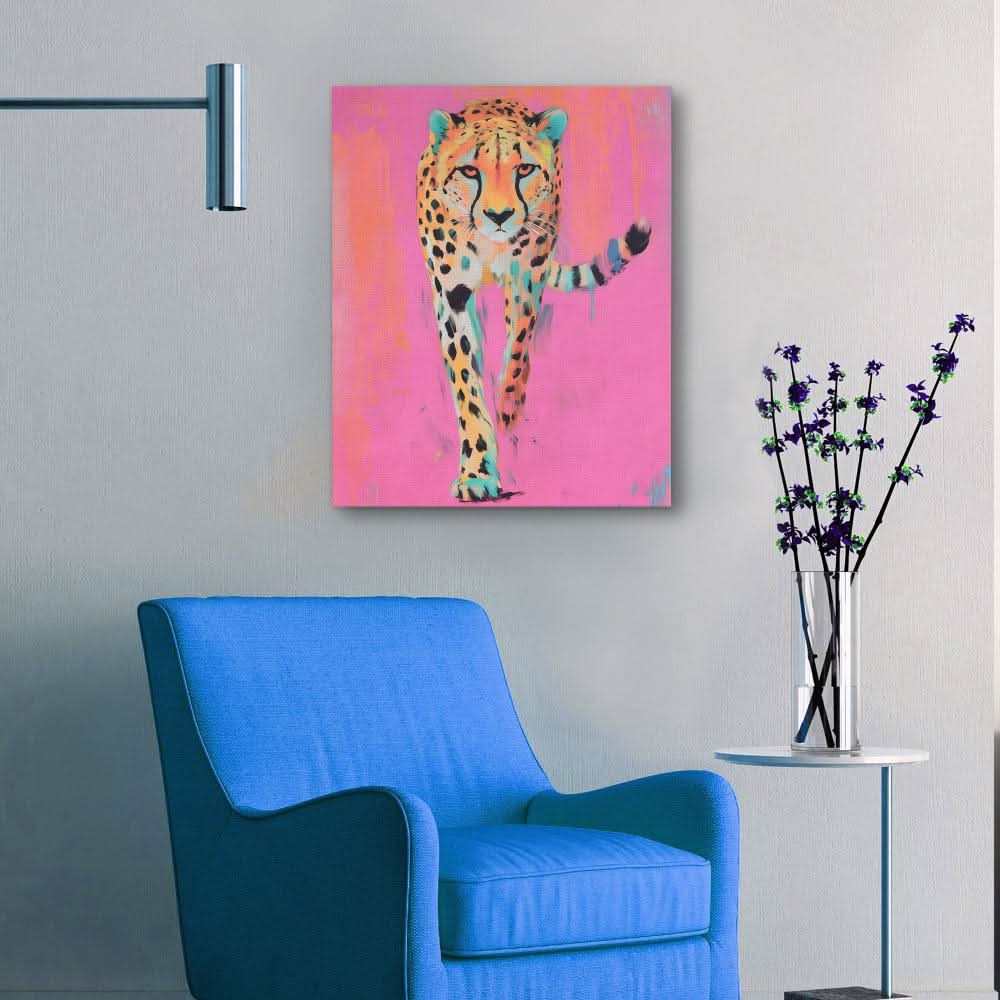 Fierce Cheetah in Pink - Maximalist Wall Art in Black Frame