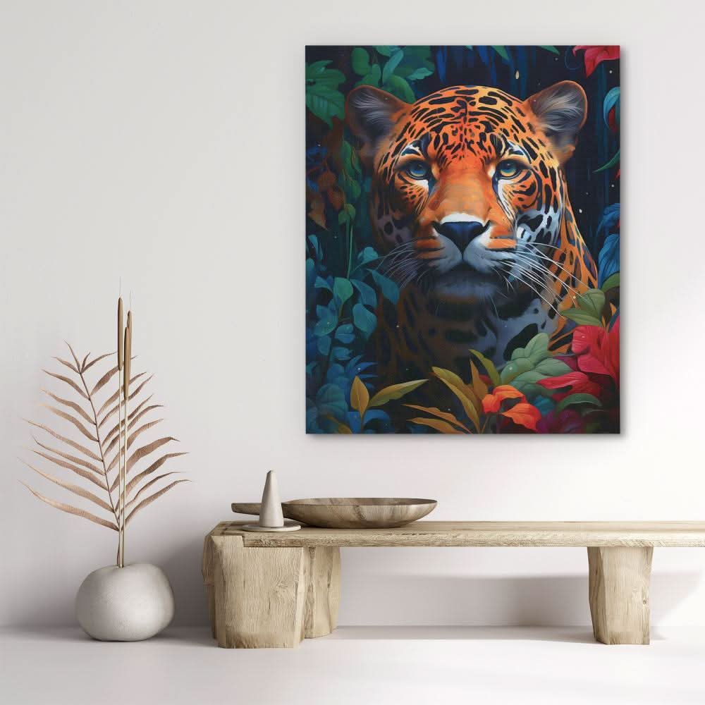 Fierce Jungle Cat - Watercolor Wall Art in Black Frame