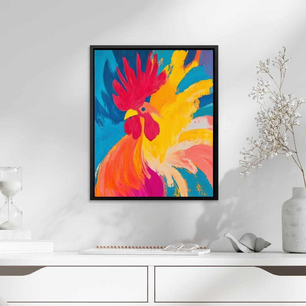 Fiery Dawn - Rooster Wall Art in Black Frame