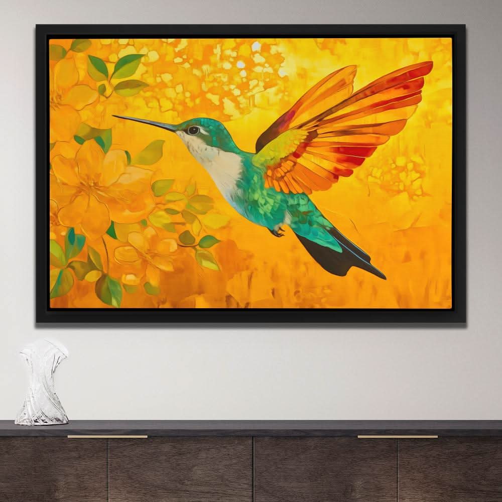Fireflight Hummer - Floral Wall Art in Black Frame