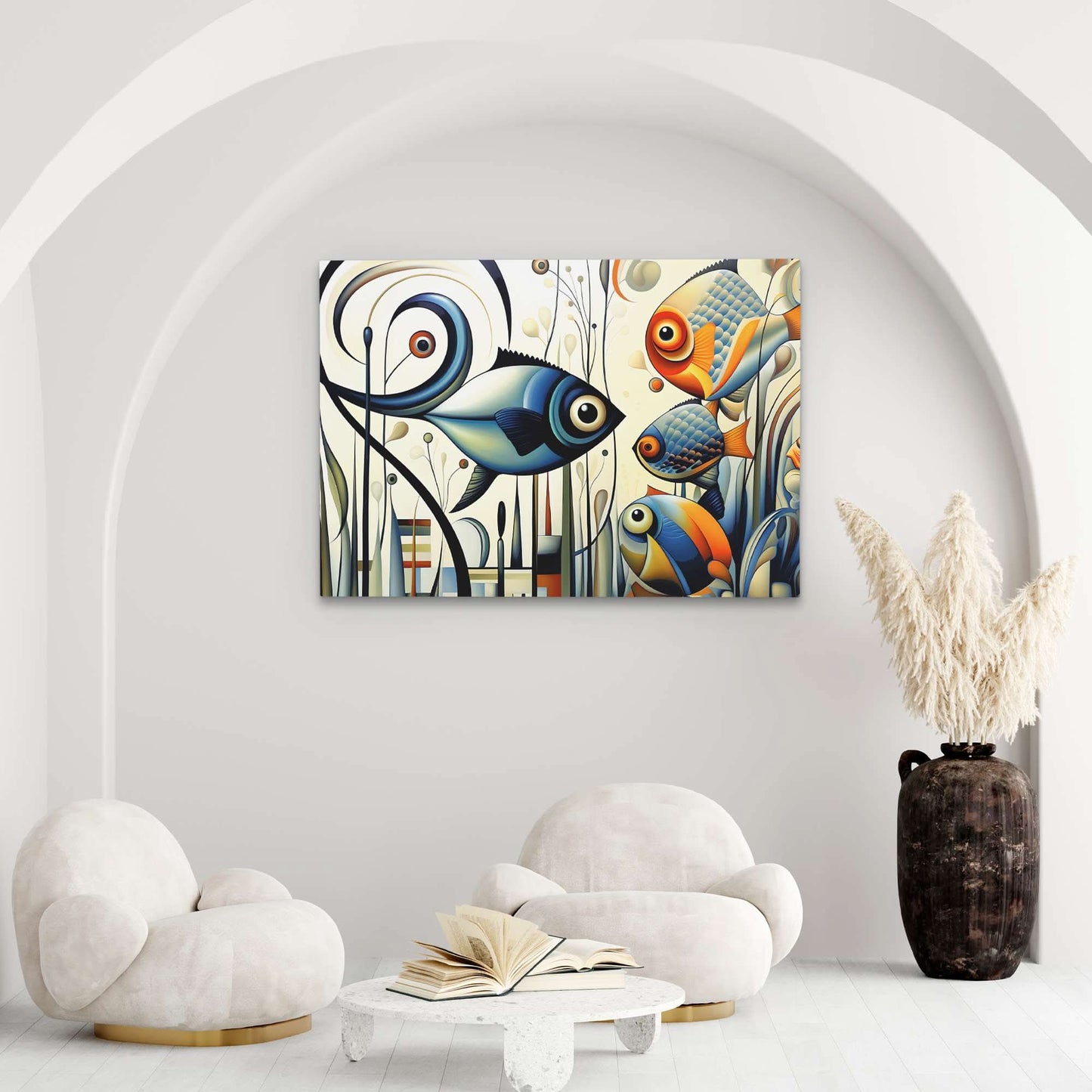 Fish Friends - Abstract Wall Art in Black Frame