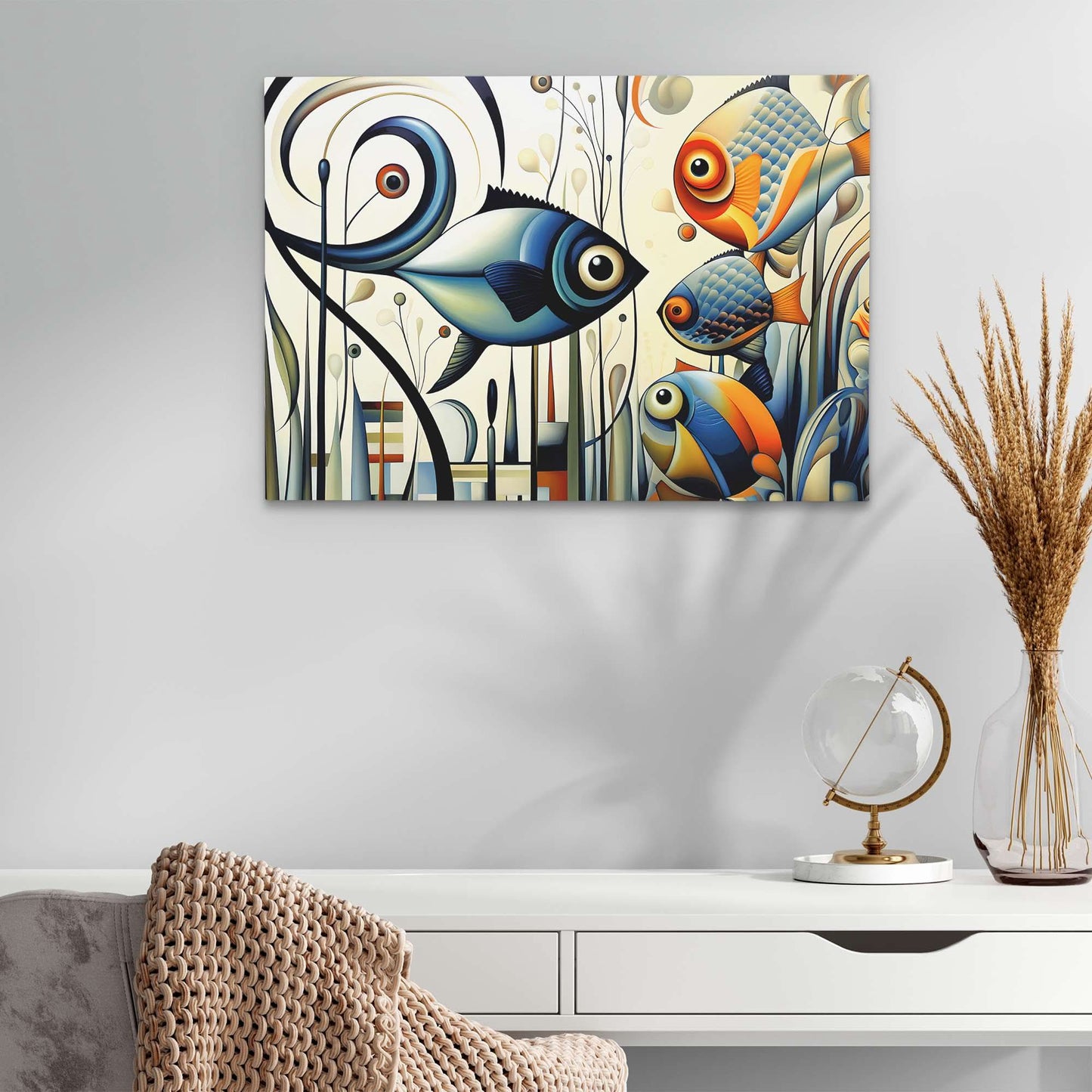 Fish Friends - Art Deco White Canvas Wall Art