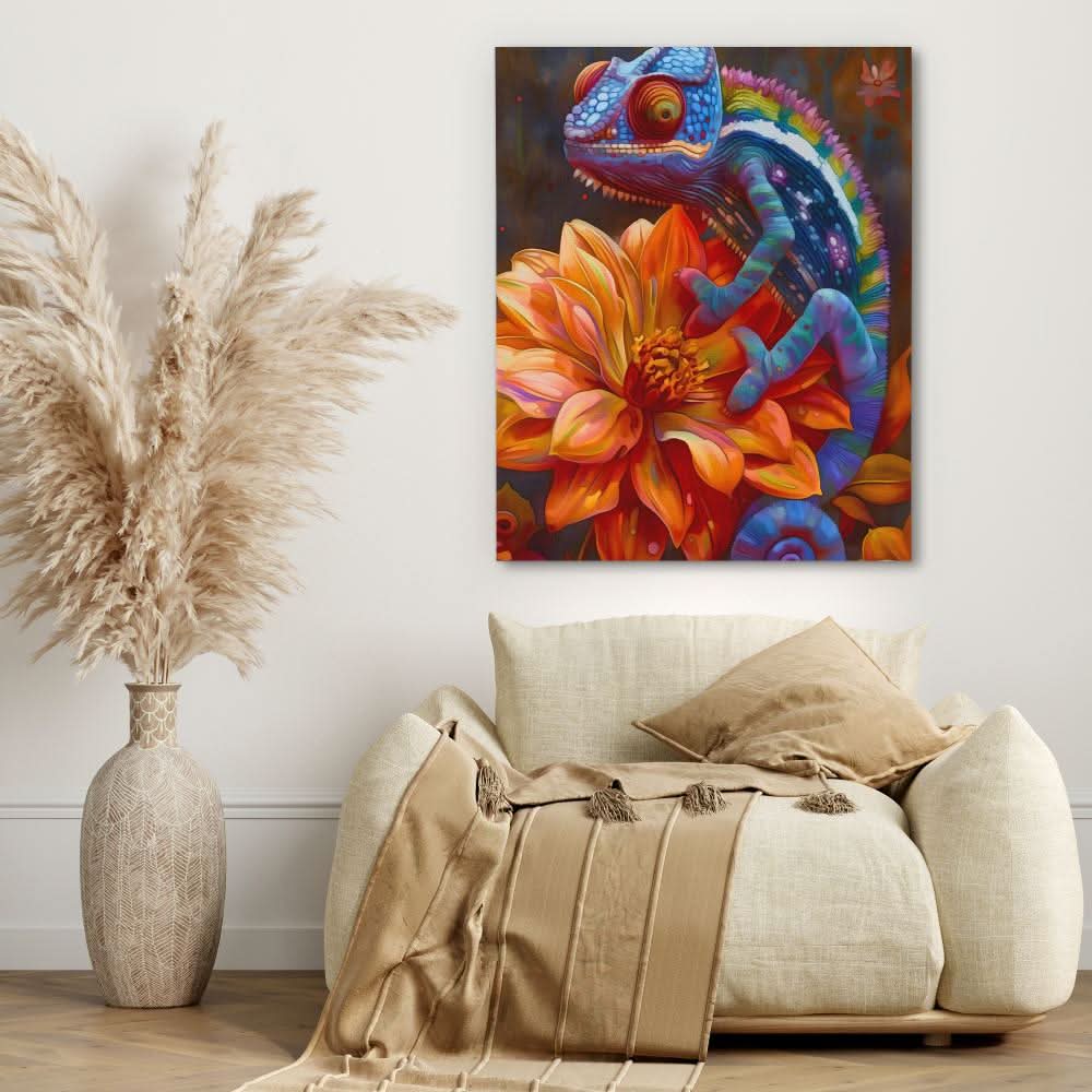 Floral Chameleon - Orange Canvas Wall Art