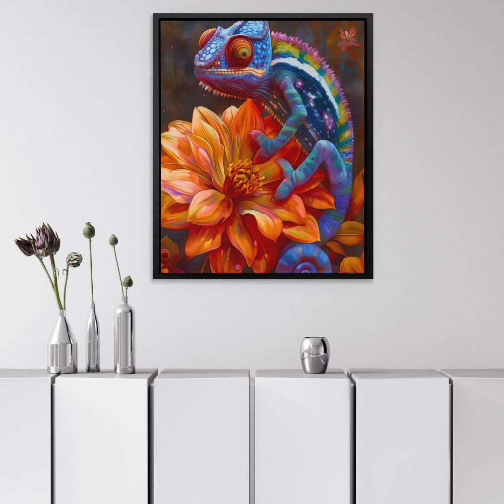 Floral Chameleon - Wall Art in Black Frame