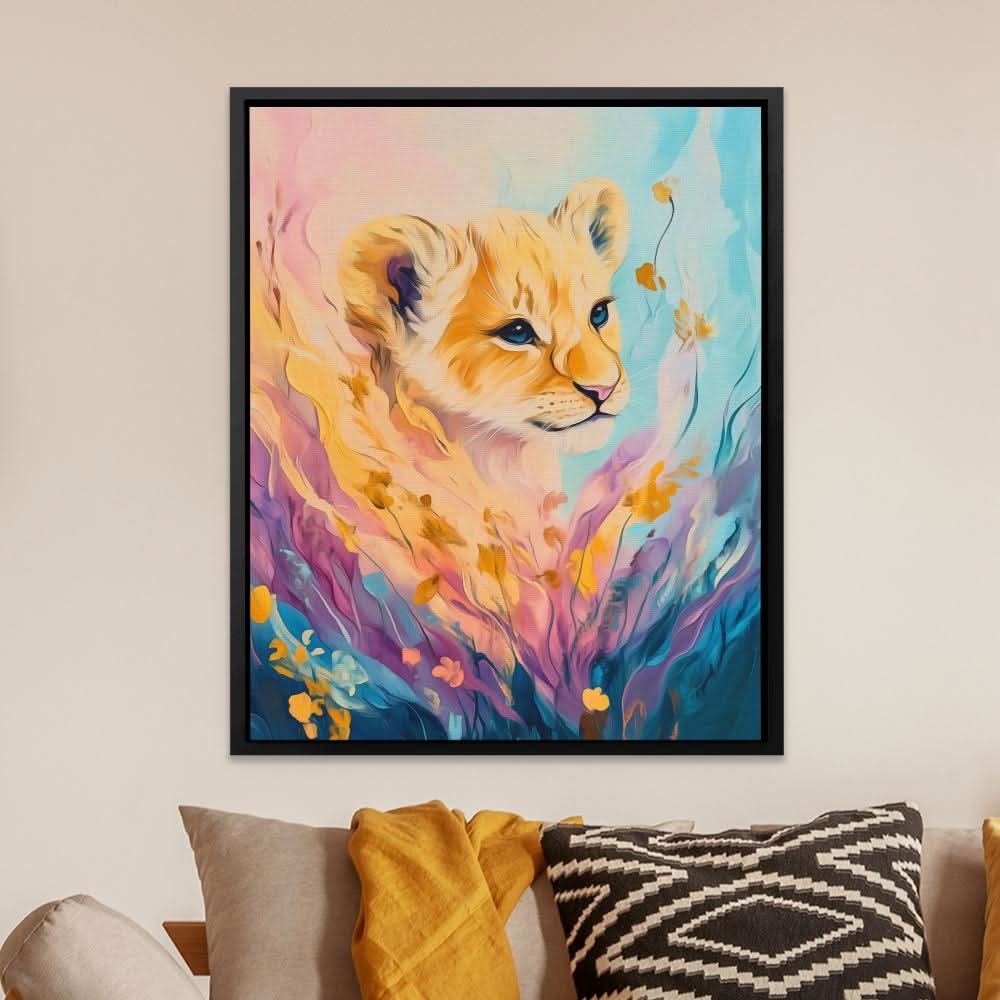 Floral Cub - Lion Wall Art in Black Frame