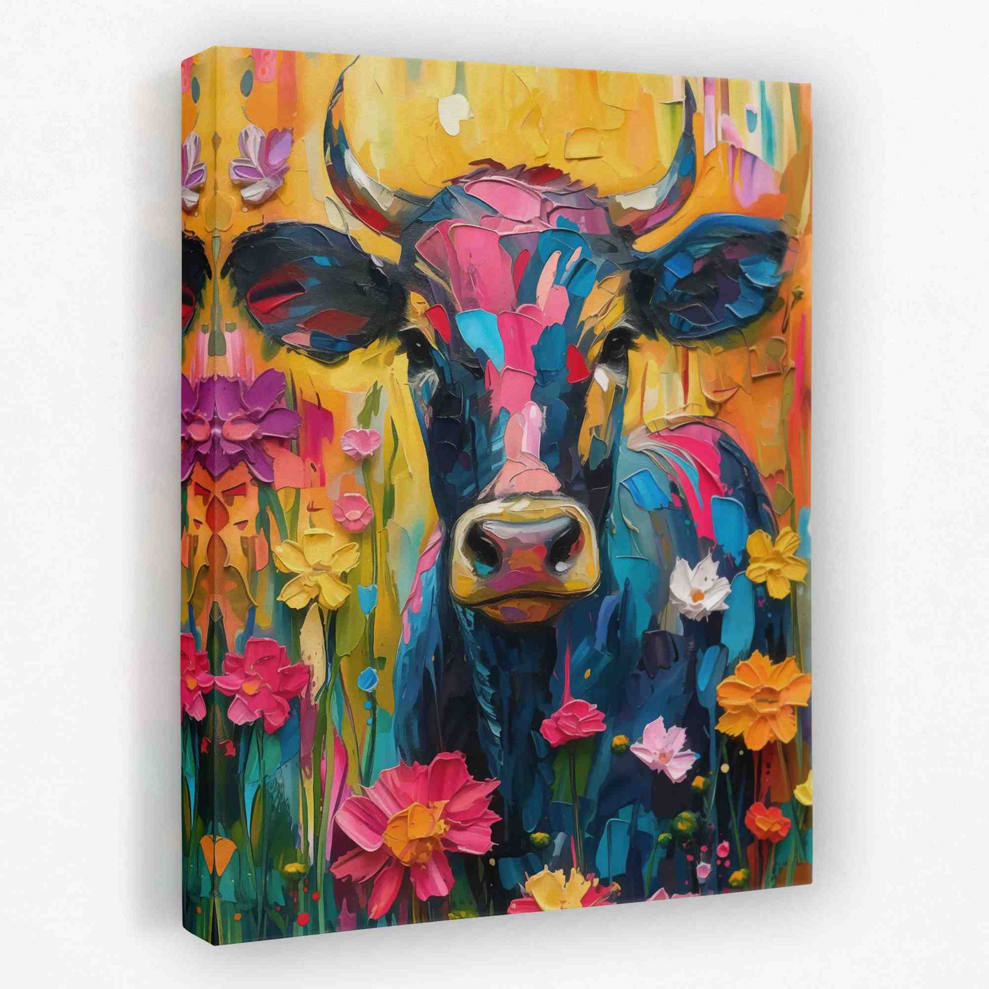 Floral Farm Cow - Animals Canvas Wall Art