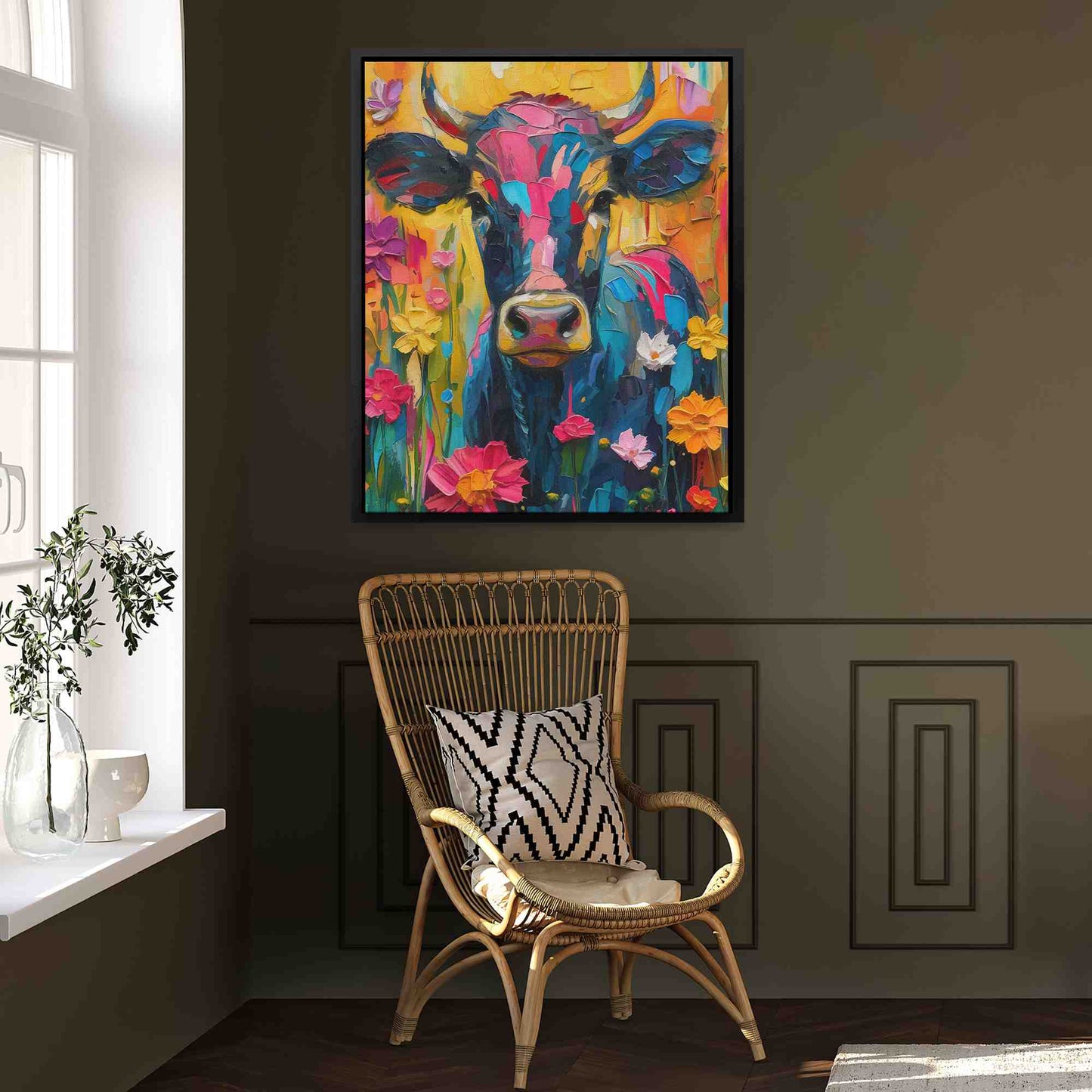 Floral Farm Cow - Colorful Wall Art