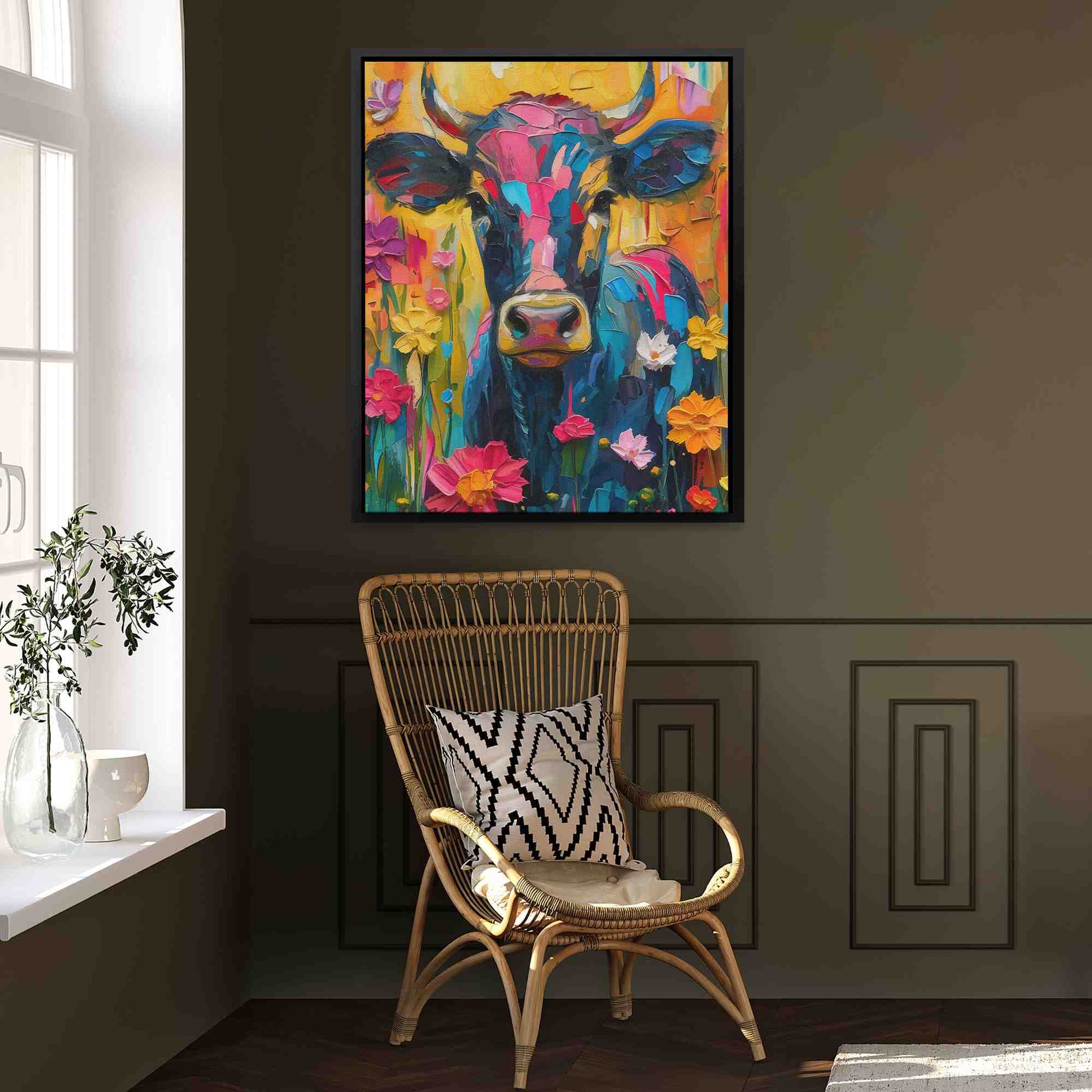 Floral Farm Cow - Colorful Wall Art