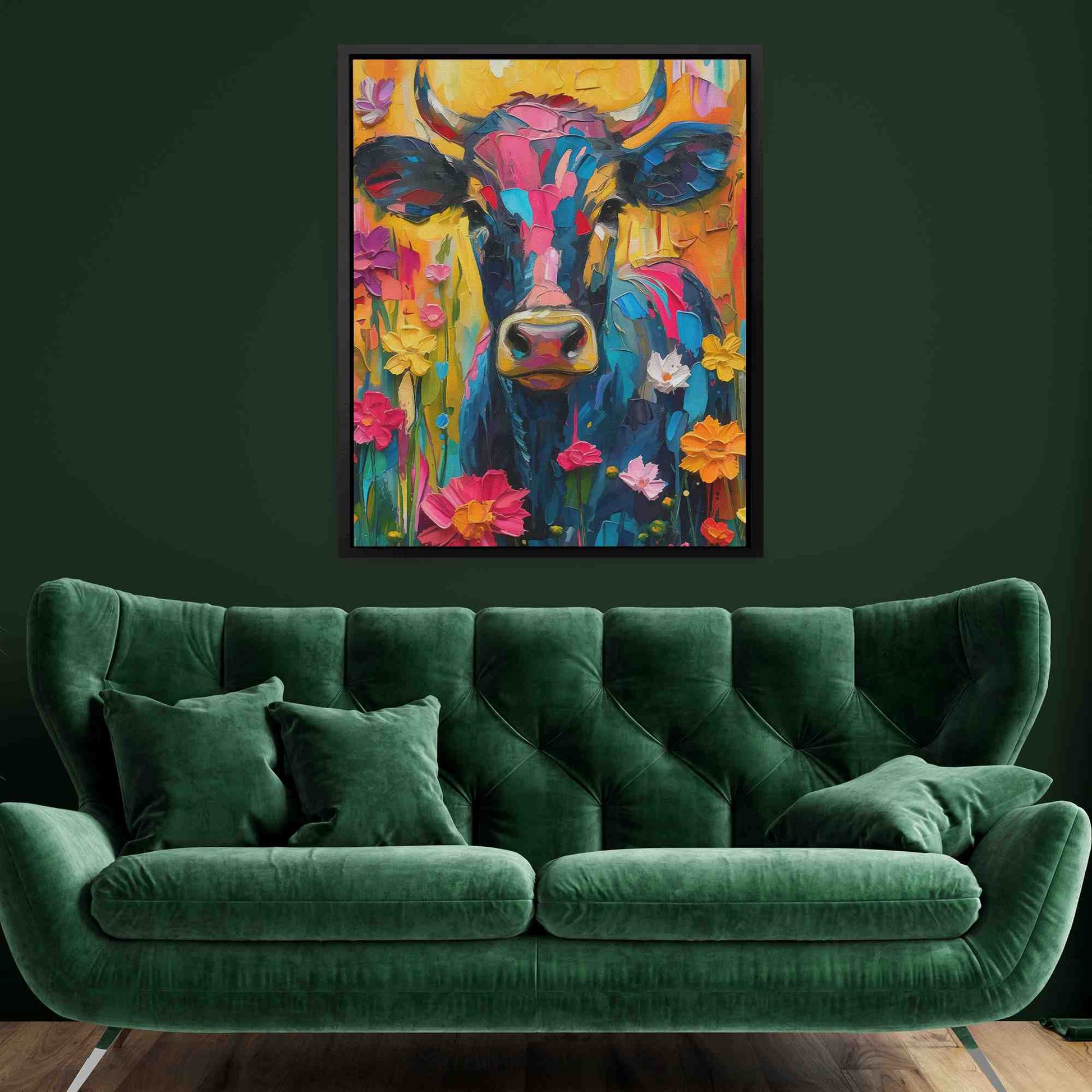 Floral Farm Cow - Country and Farm Wall Art in Black Frame