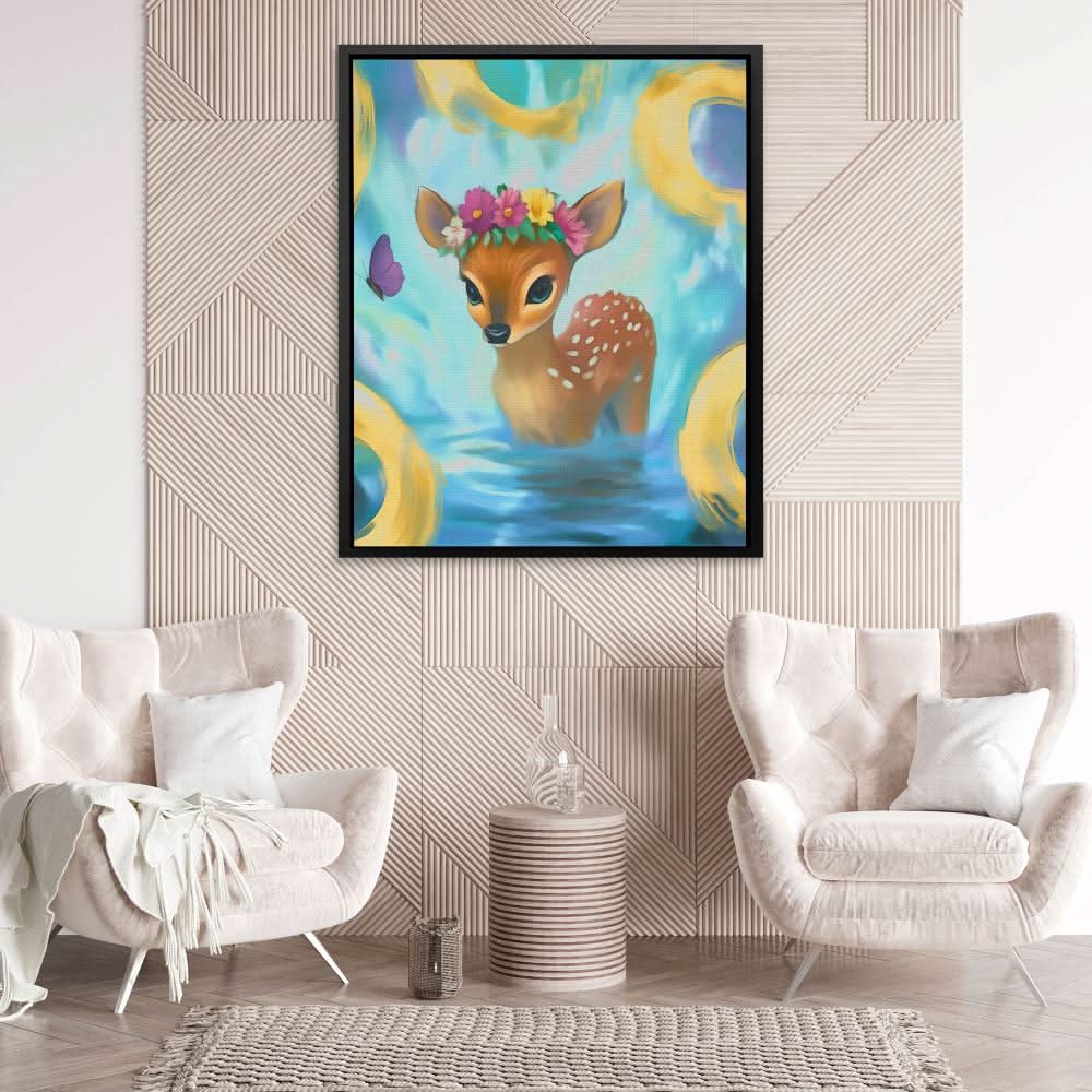 Floral Fawn Fantasy - Blue Deer Canvas Print