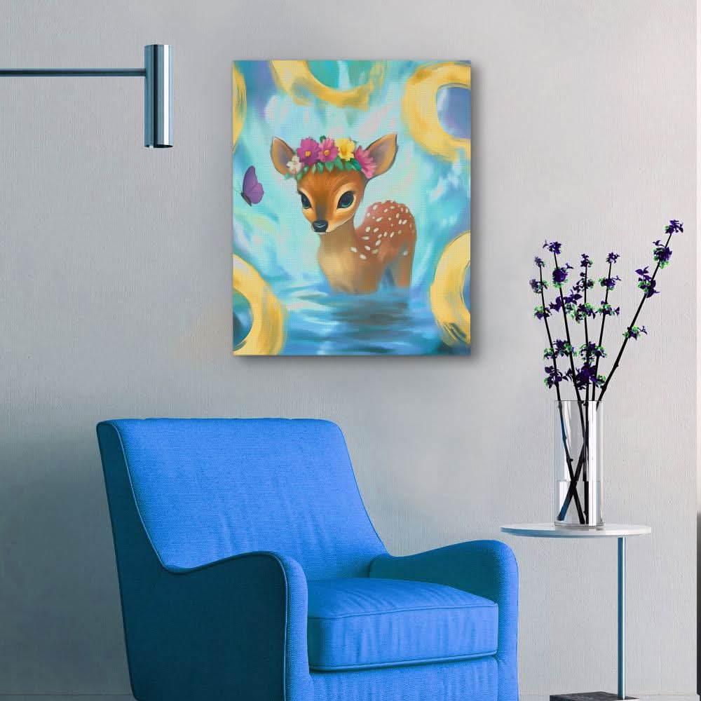 Floral Fawn Fantasy - Fantasy Wall Art in Black Frame