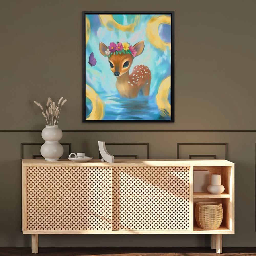Floral Fawn Fantasy - Deer Wall Art in Black Frame