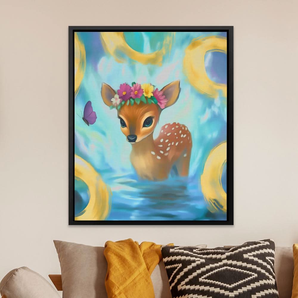 Floral Fawn Fantasy - Blue Wall Art for Nursery