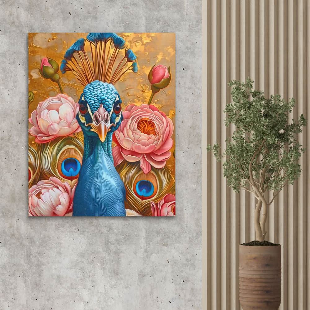 Floral Gold Peacock - Abstract Wall Art in Black Frame