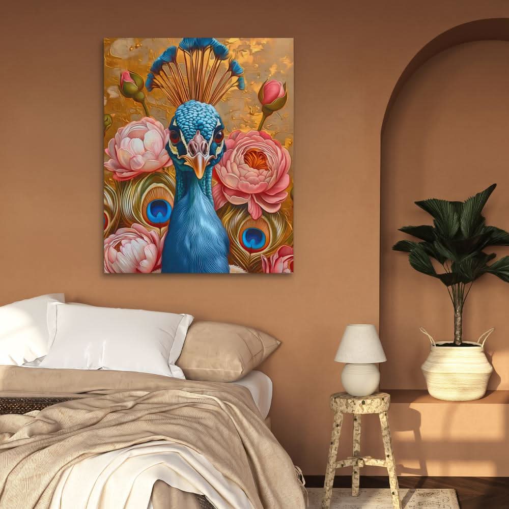 Floral Gold Peacock - Gold Floral Canvas Print