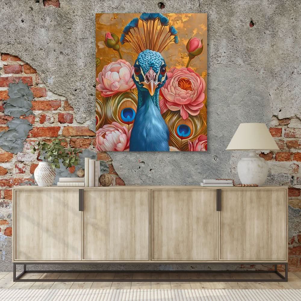 Floral Gold Peacock - Maximalist Green Canvas Wall Art