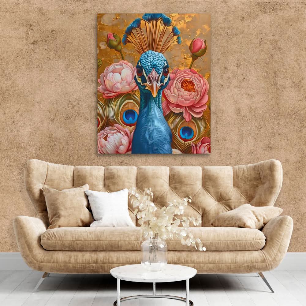 Floral Gold Peacock - Large Abstract Canvas Print