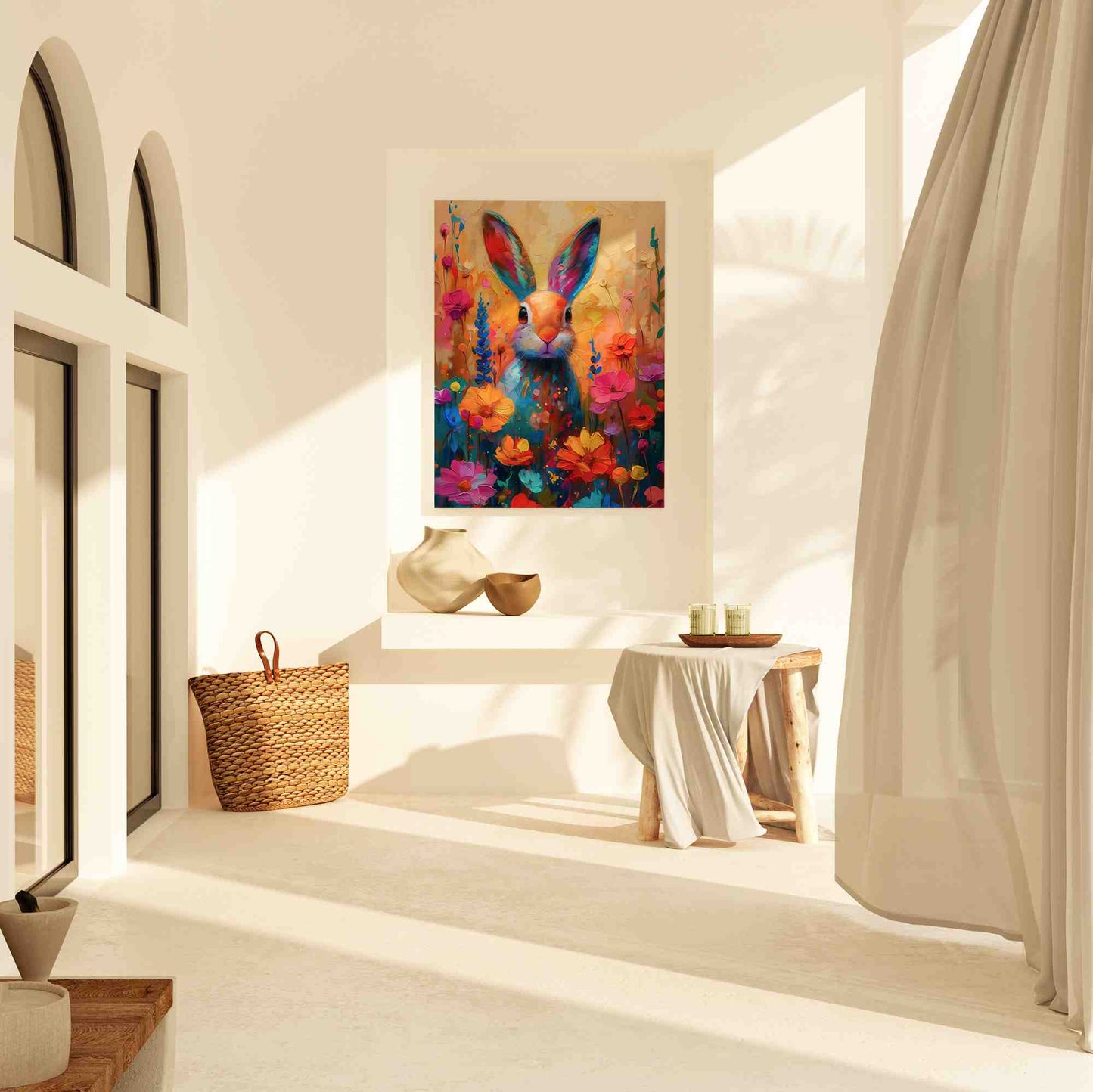 Floral Rabbit - Colorful Wall Art