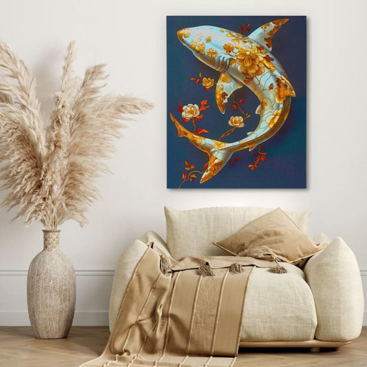 Floral White Shark - Wall Art in Black Frame
