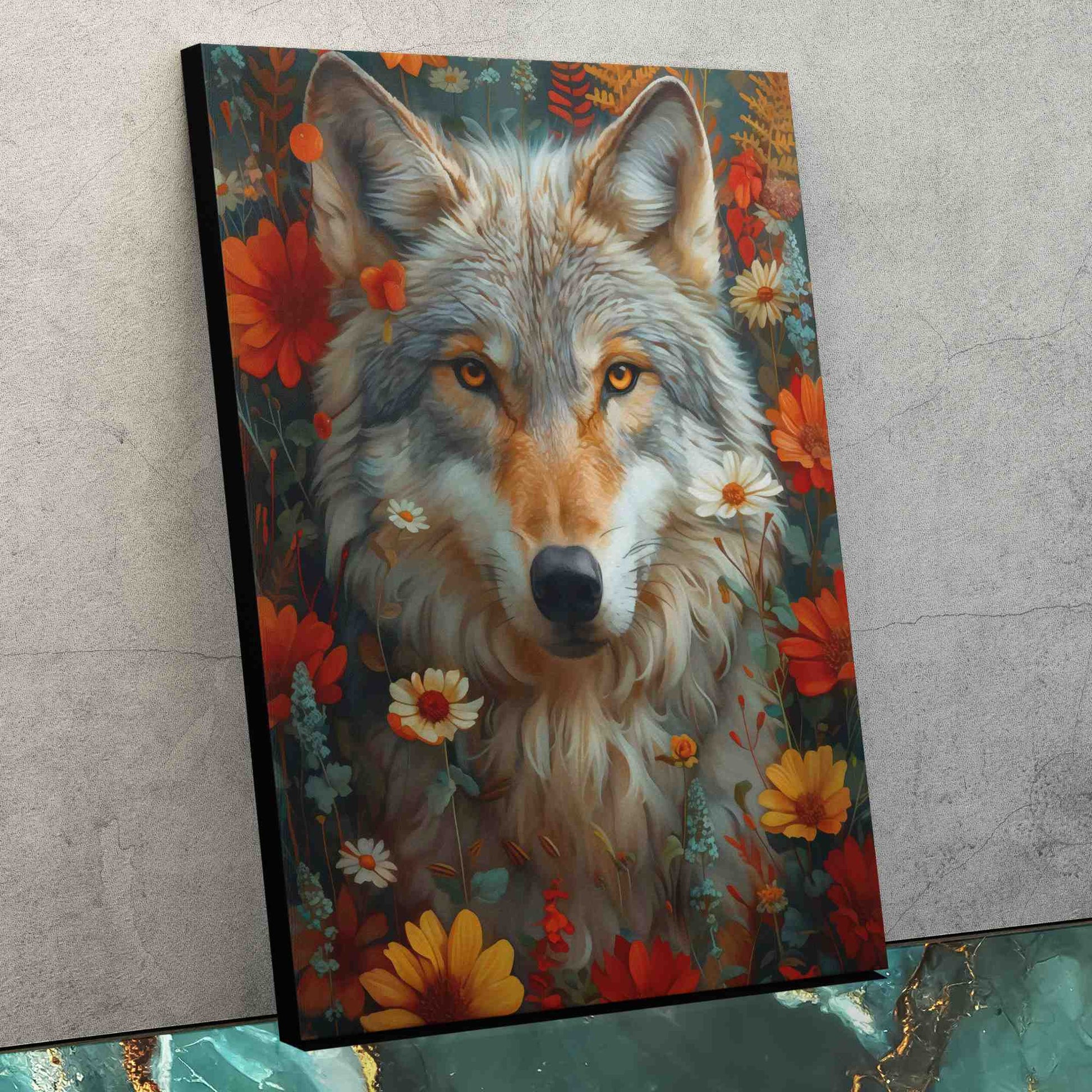 Floral Wolf - Red Wall Art for Living Room