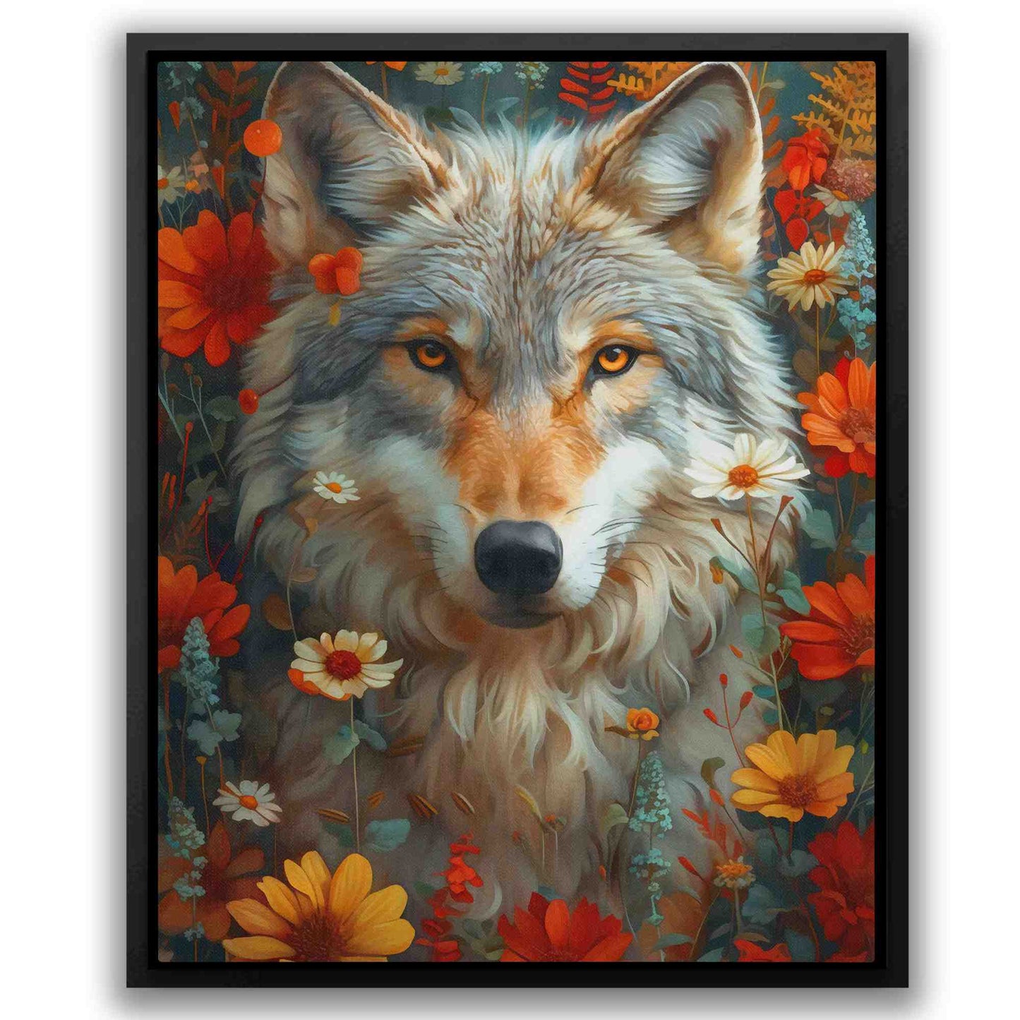 Floral Wolf - Red Floral Canvas Print