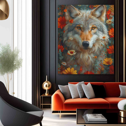 Floral Wolf - Watercolor Wall Art in Black Frame