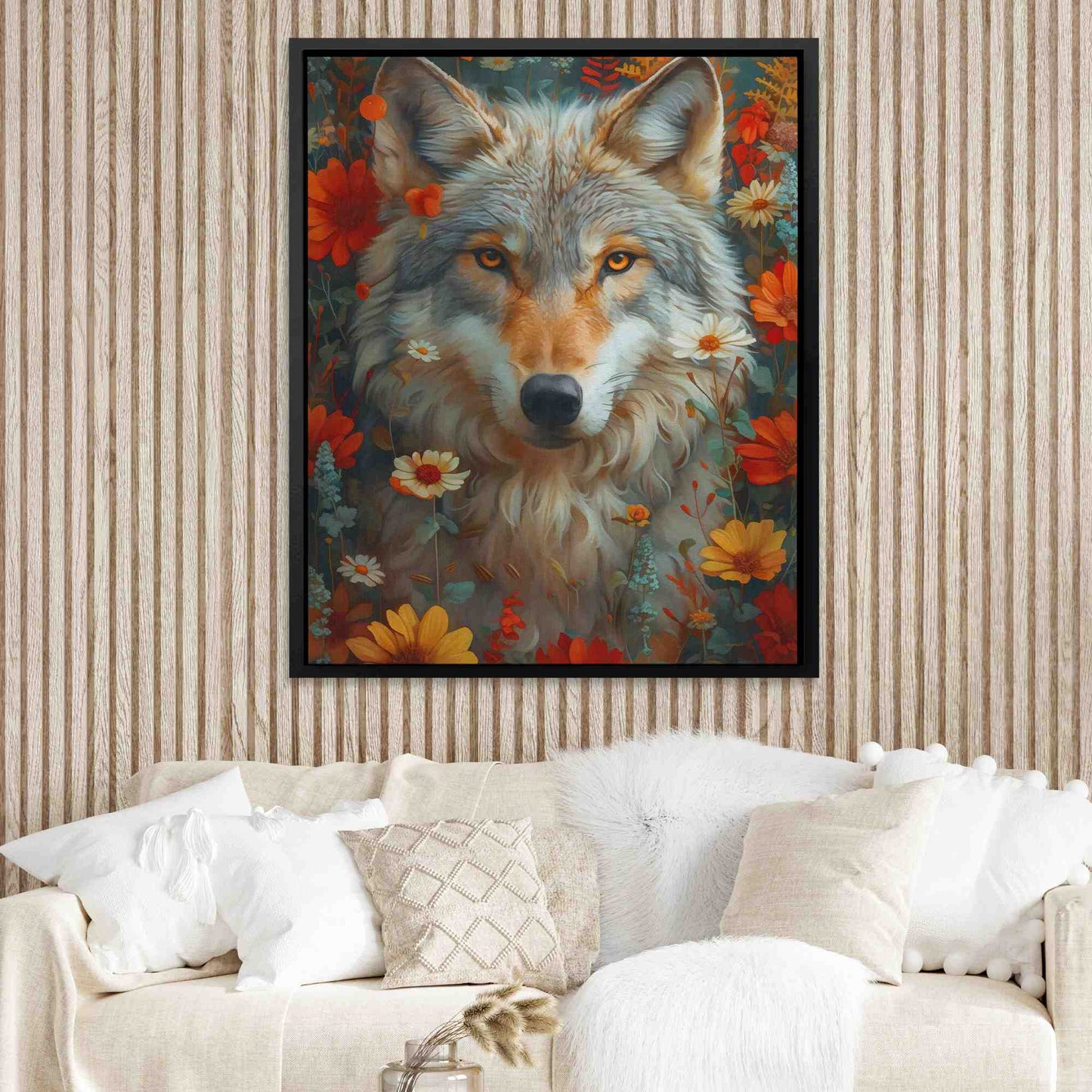 Floral Wolf - Watercolor Red Canvas Wall Art