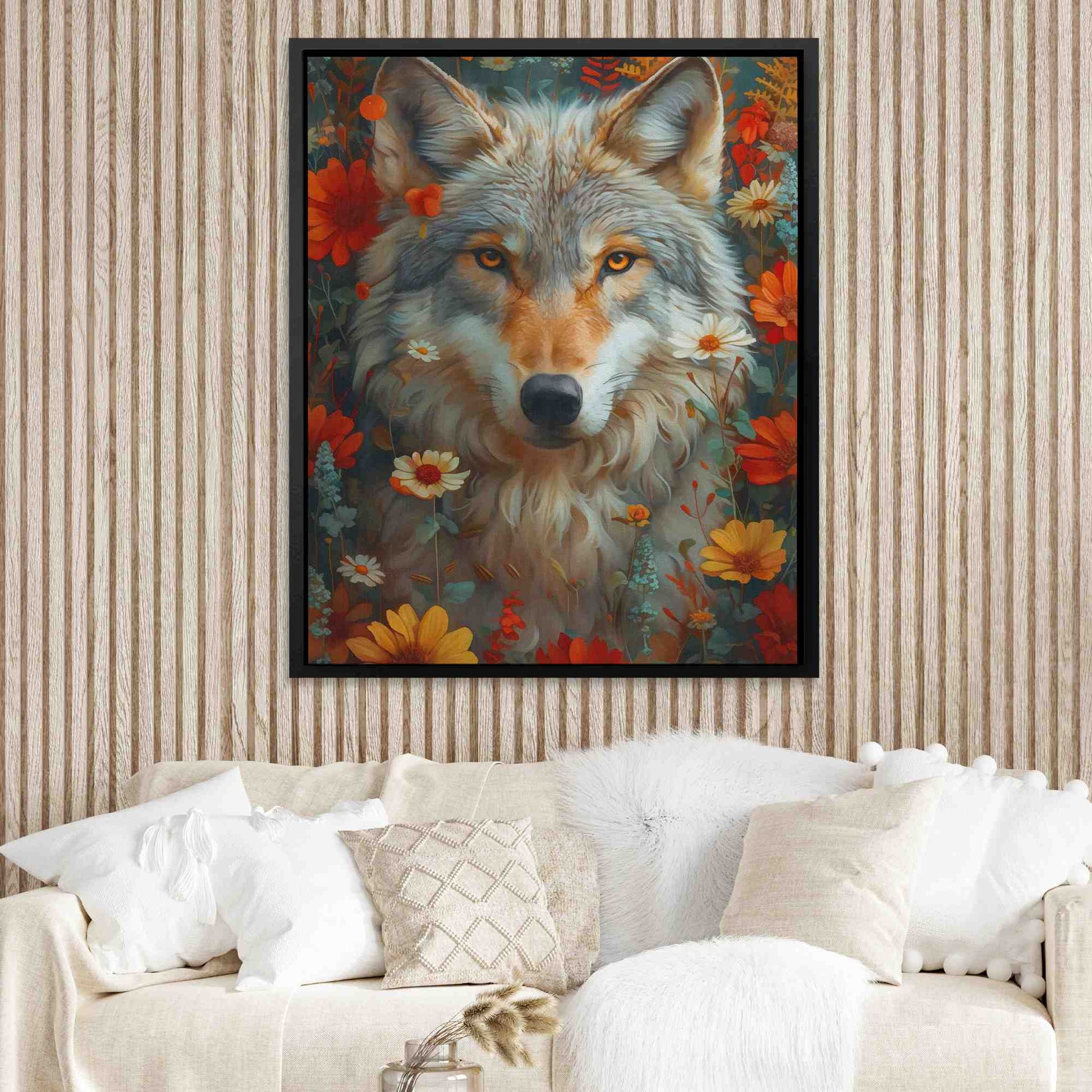 Floral Wolf - Watercolor Red Canvas Wall Art