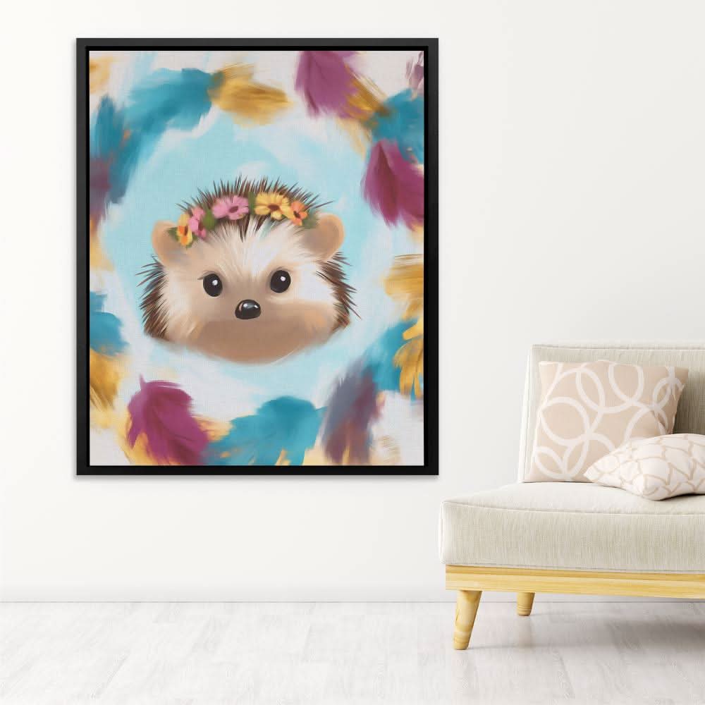 Flower Crown Hedgehog - Wall Art in Black Frame