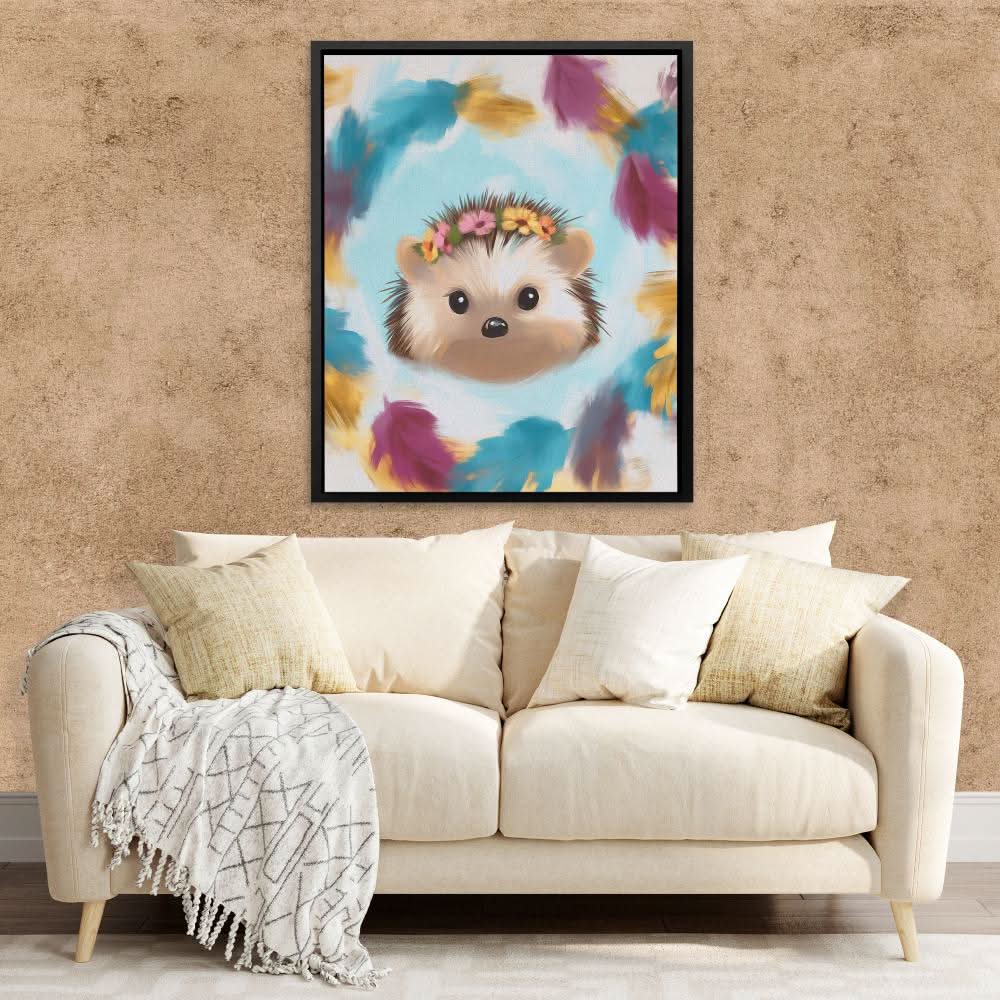 Flower Crown Hedgehog - Baby Animal Wall Art in Black Frame
