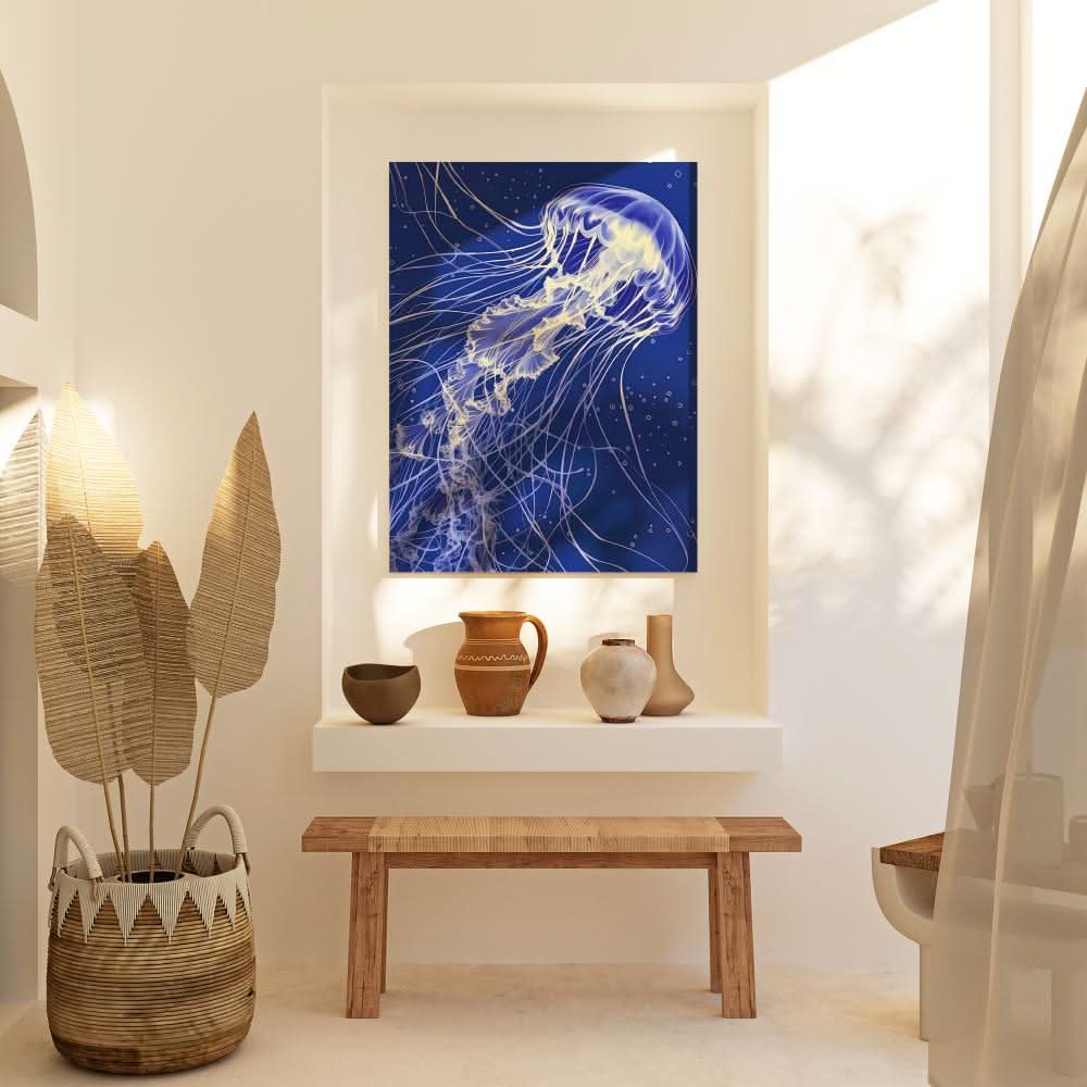 Flowing Ocean Beauty - Blue Gold and White Art for Bathroom