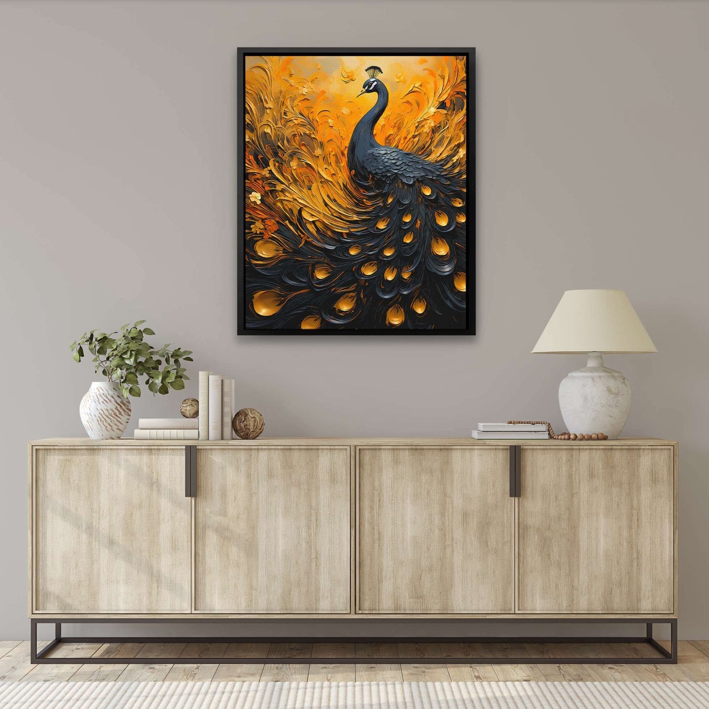 Flowing peacock - Black and Gold Bird Canvas Print