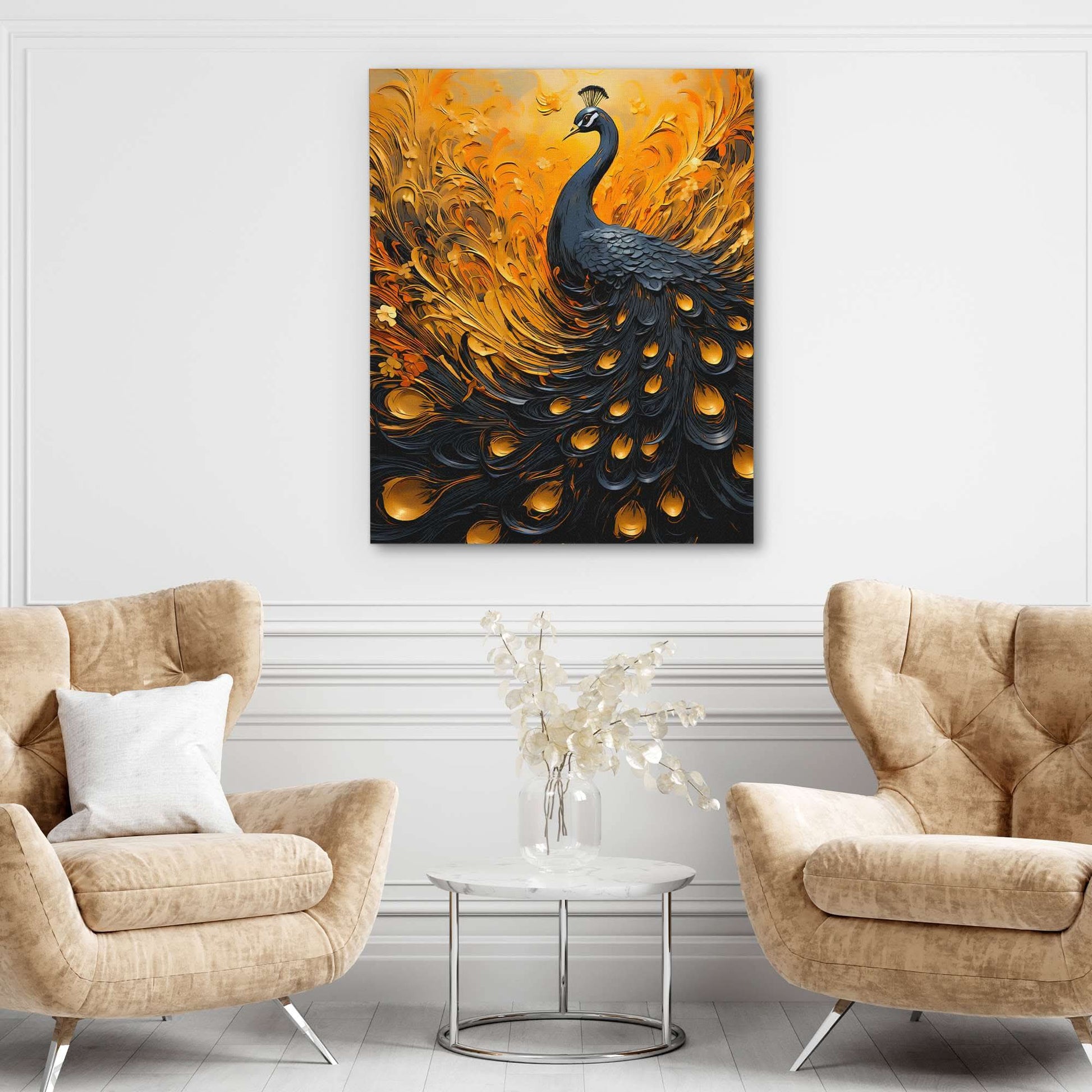 Flowing peacock - Black and Gold Canvas Wall Art