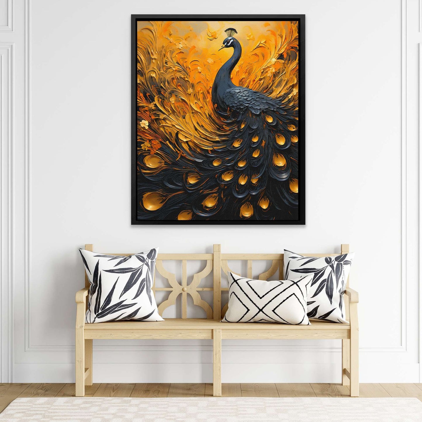 Flowing peacock - Black and Gold Wall Art for Living Room