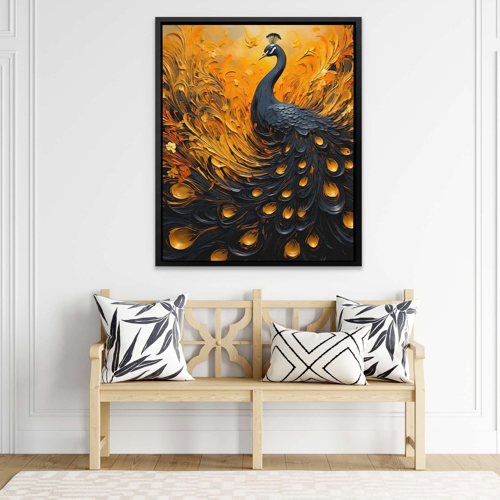 Flowing peacock - Black and Gold Wall Art for Living Room