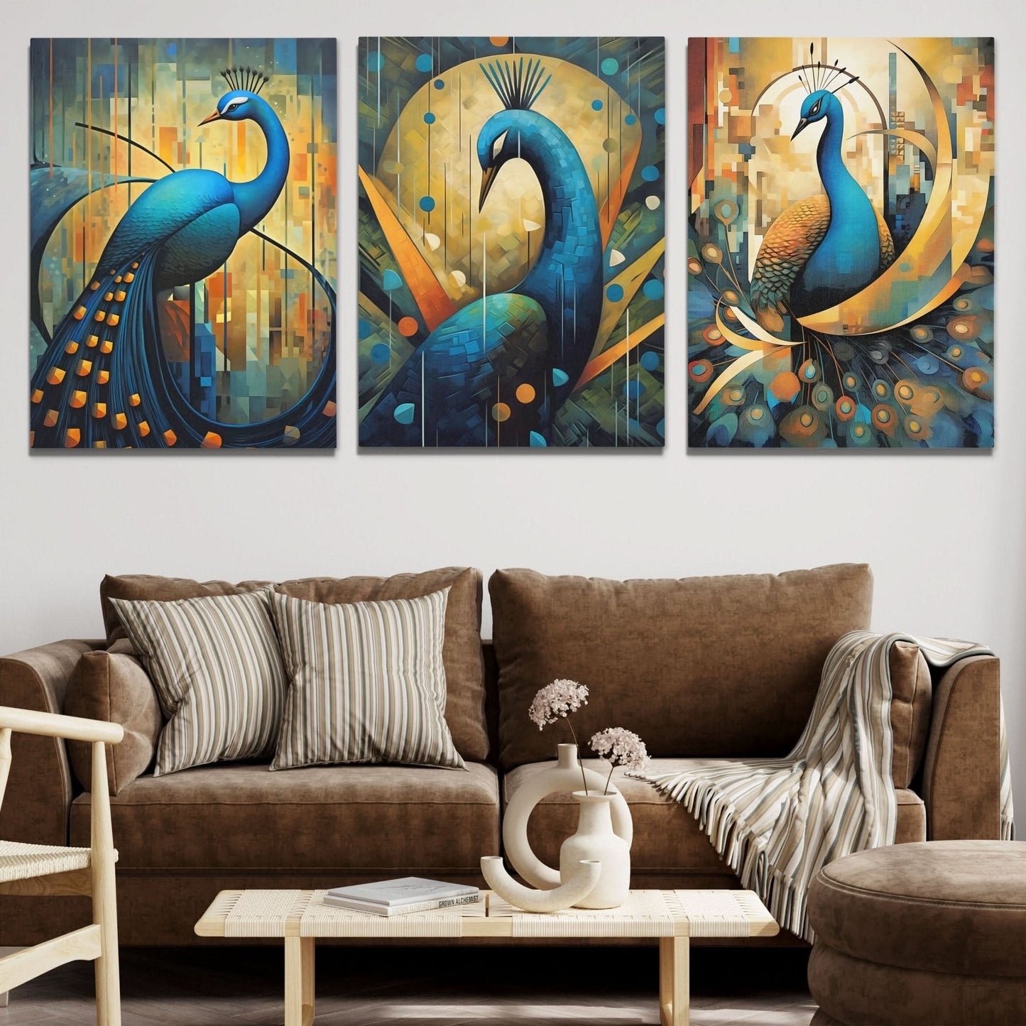 Flowing Peacocks (3) Set - Peacock Art for Hallway