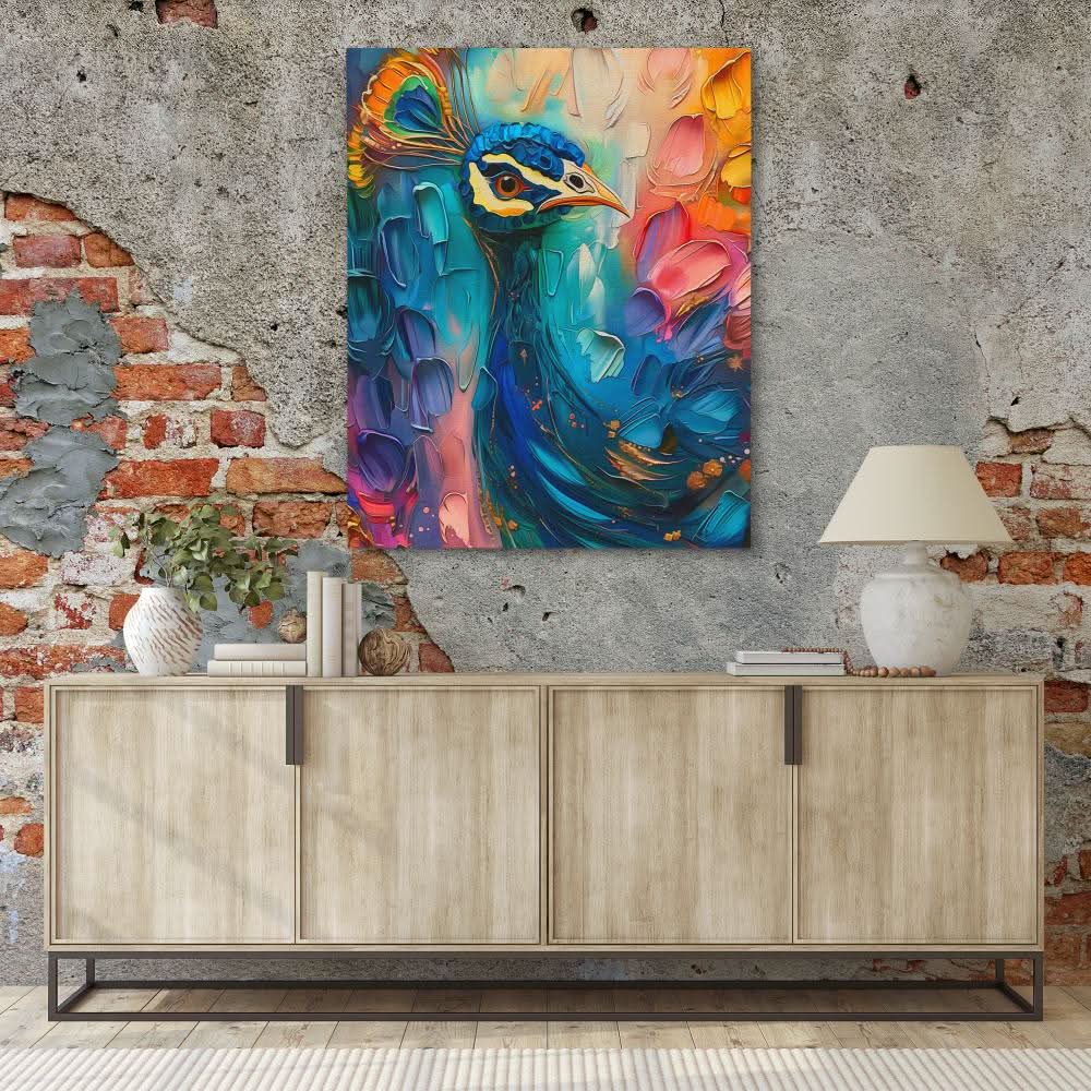 Flowing Rainbow Peacock - Bird Wall Art in Black Frame