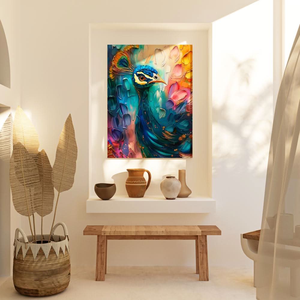 Flowing Rainbow Peacock - Blue Wall Art for Dining Room