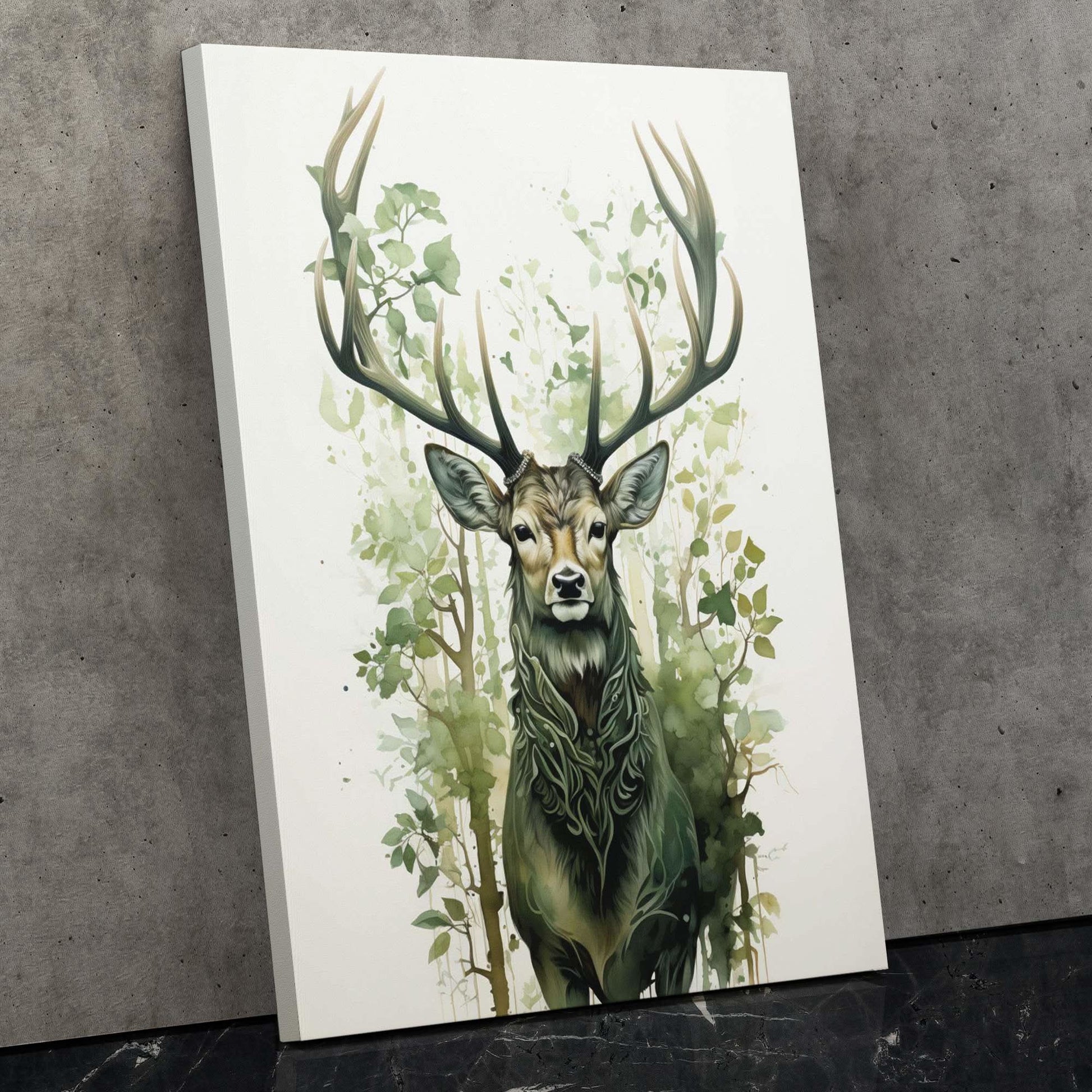 Forest Green Deer - Green Canvas Wall Art
