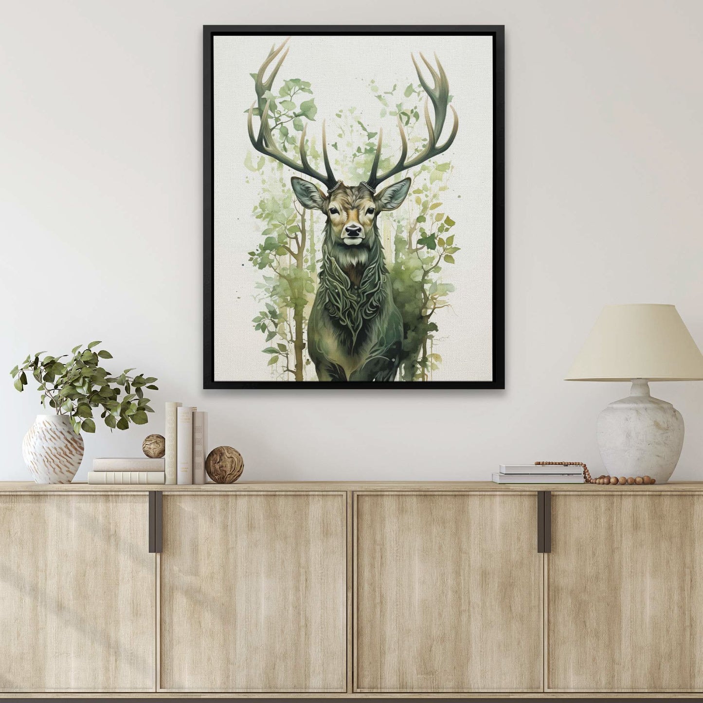 Forest Green Deer - Vertical Wall Art in Black Frame