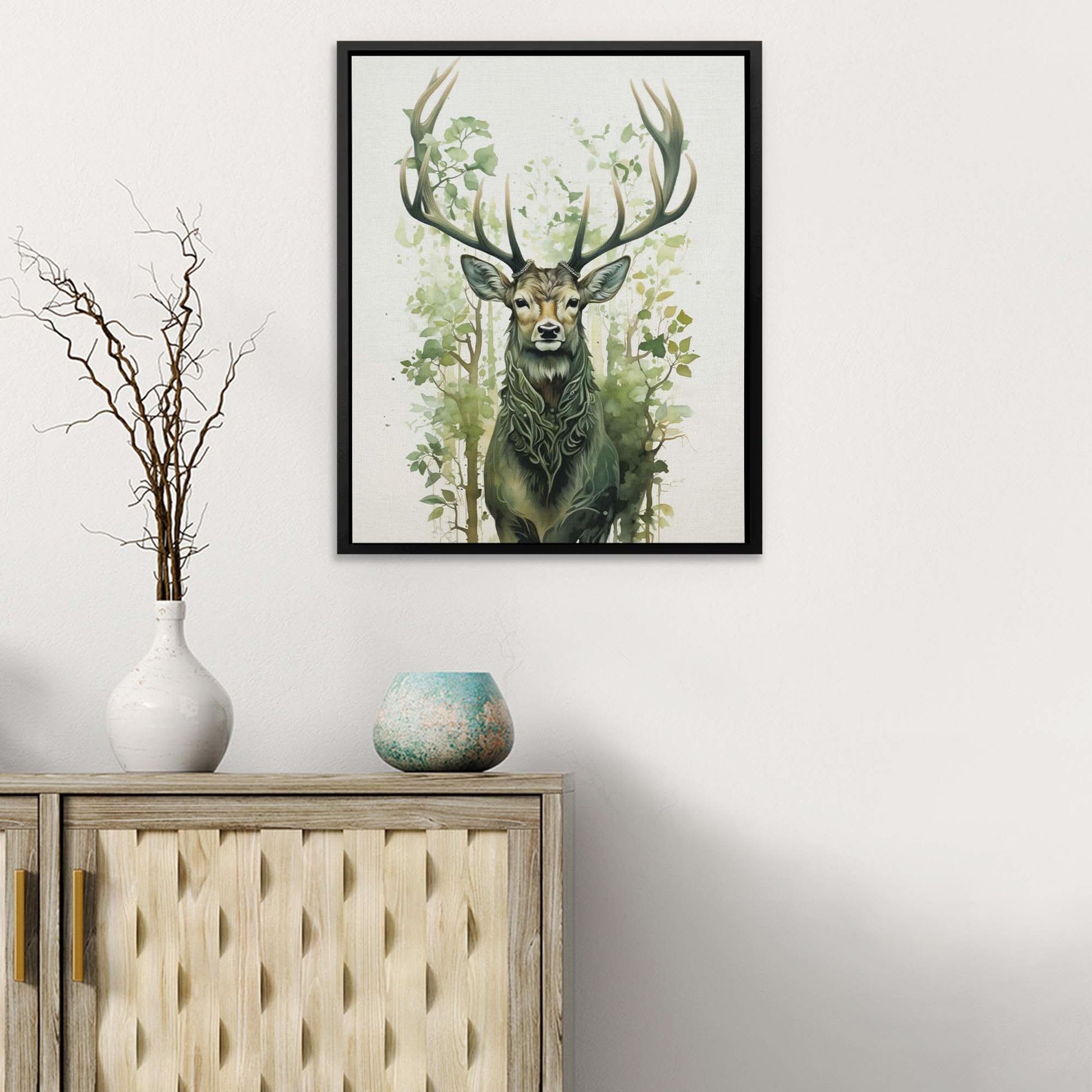 Forest Green Deer - Green Vertical Canvas Print