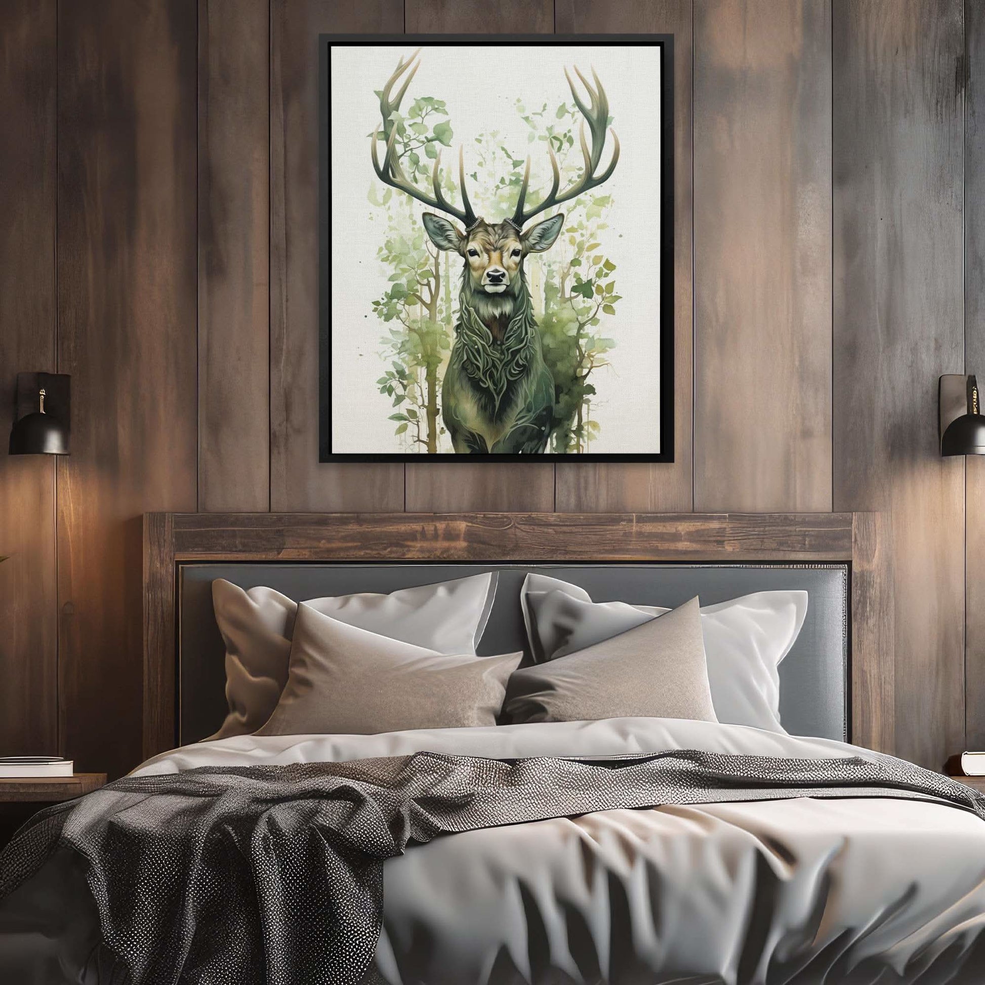 Forest Green Deer - Wall Art in Black Frame