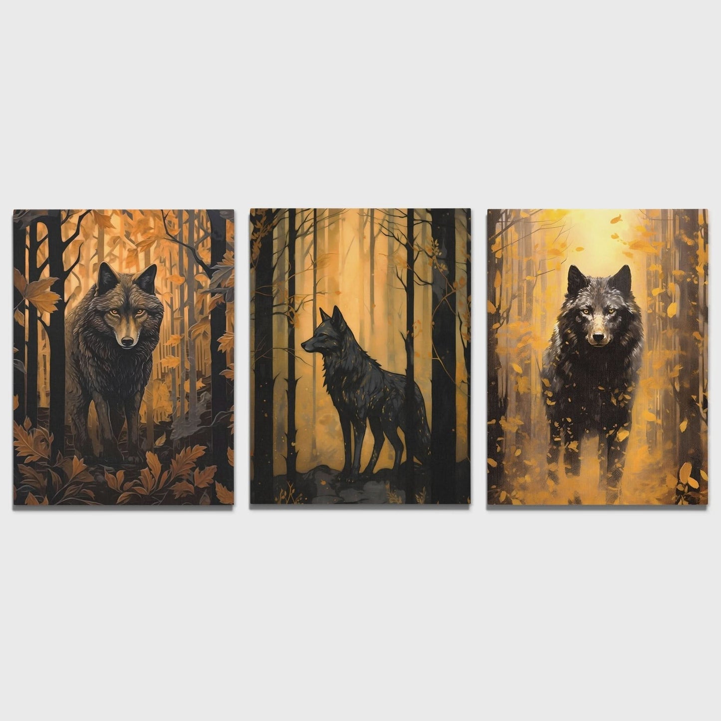 Forest Wolves in Gold (3) Set - Wolf Art for Living Room