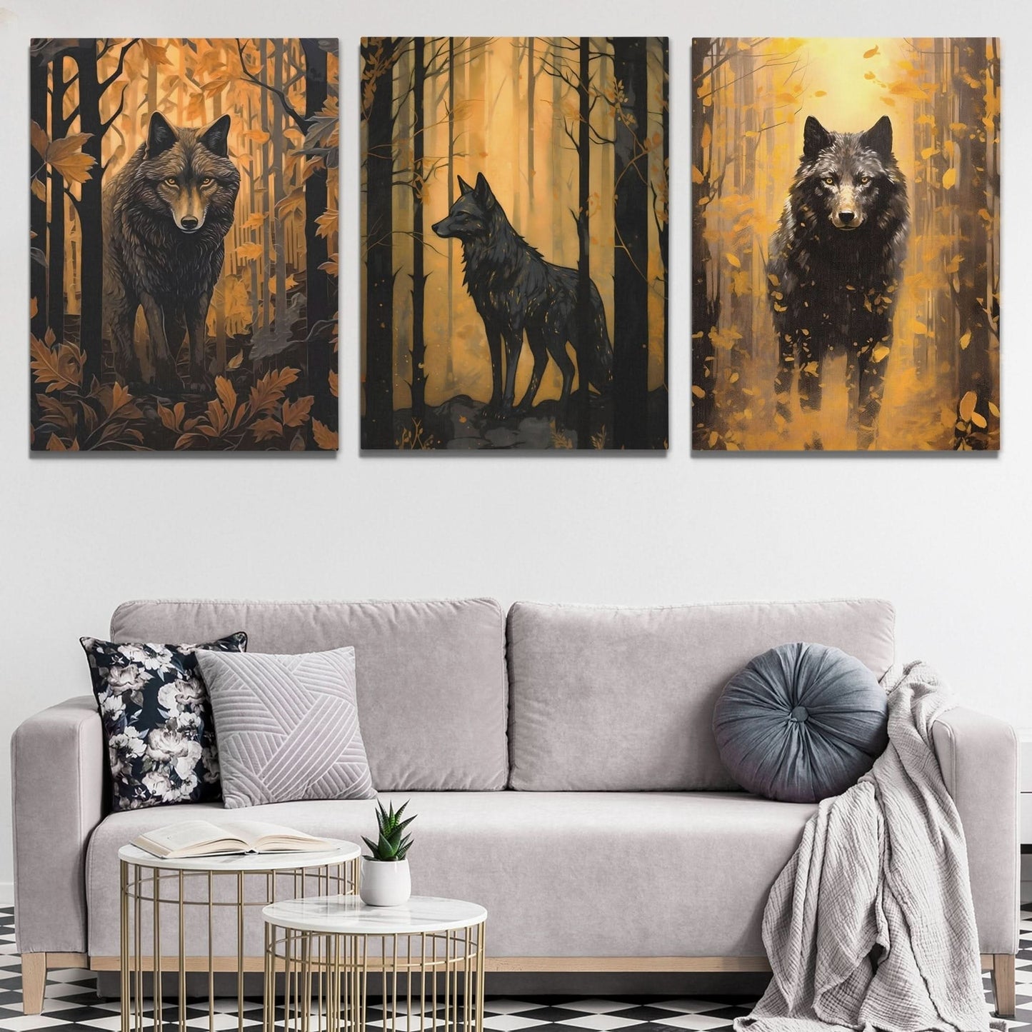 Forest Wolves in Gold (3) Set - Black and Gold Canvas Wall Art