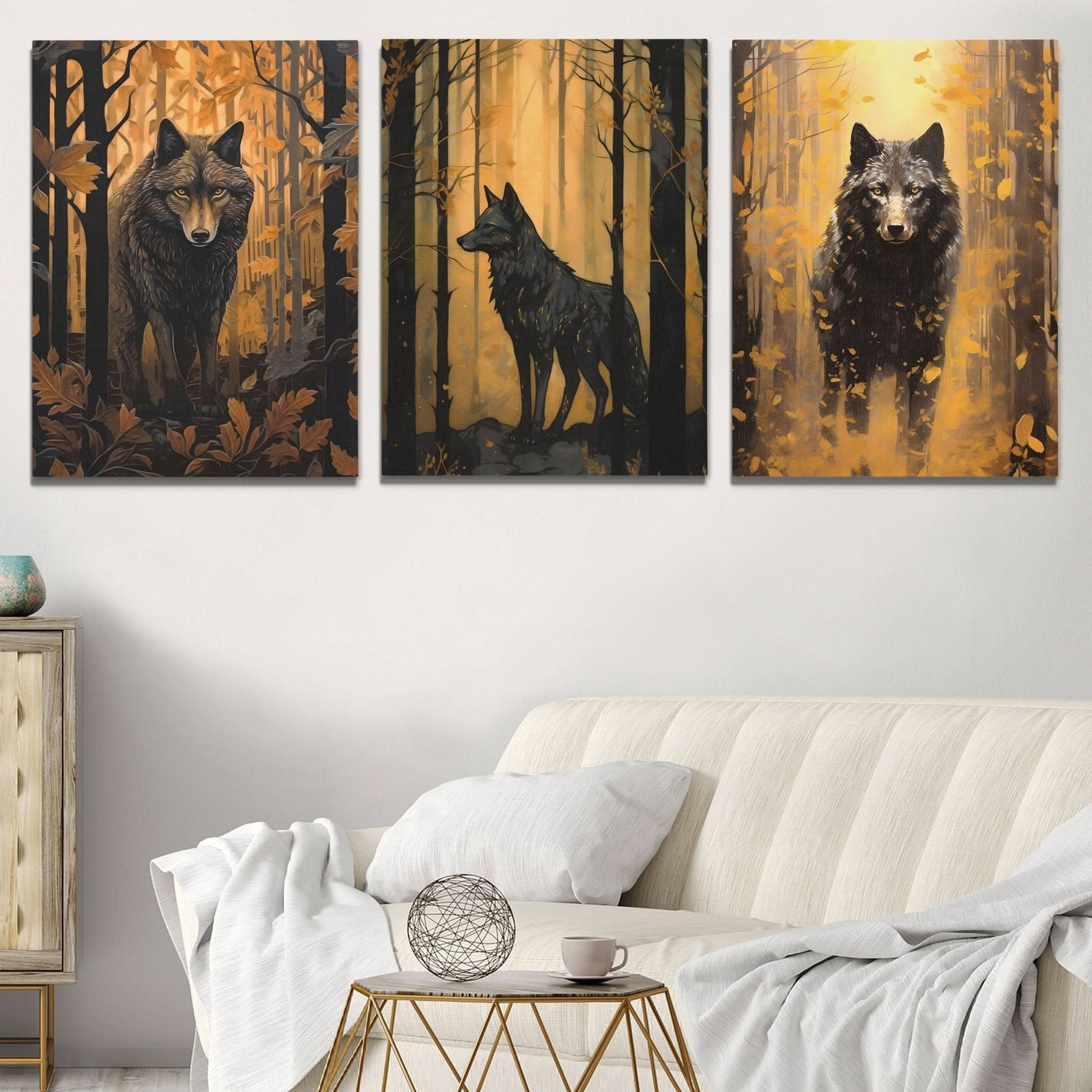 Forest Wolves in Gold (3) Set - Wolf Wall Art in Black Frame
