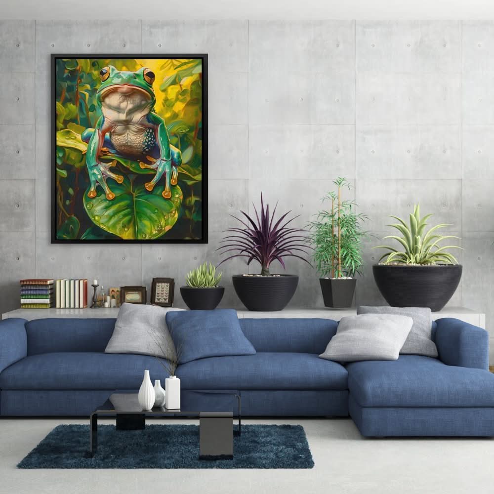 Frog on a Leaf - Nature Wall Art in Black Frame