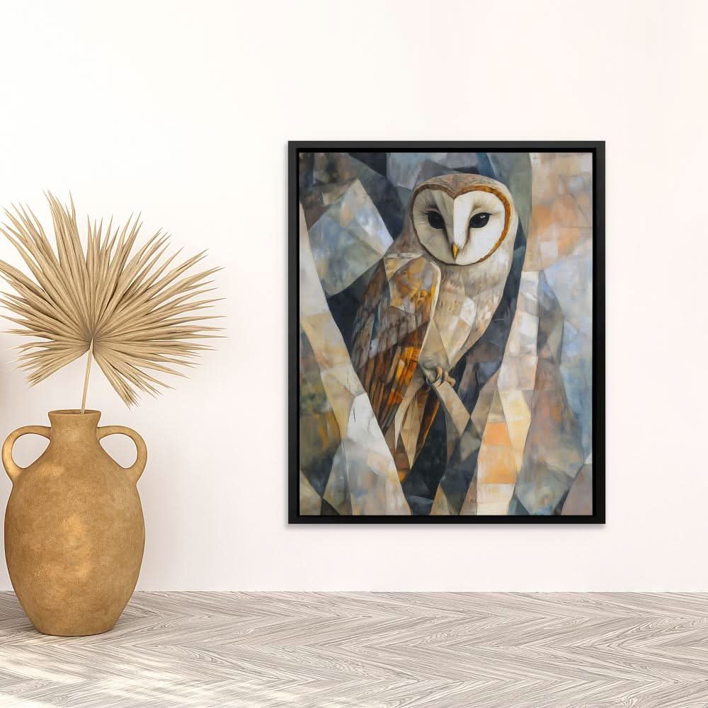 Geometric Barn Owl - Man Cave Wall Art in Black Frame