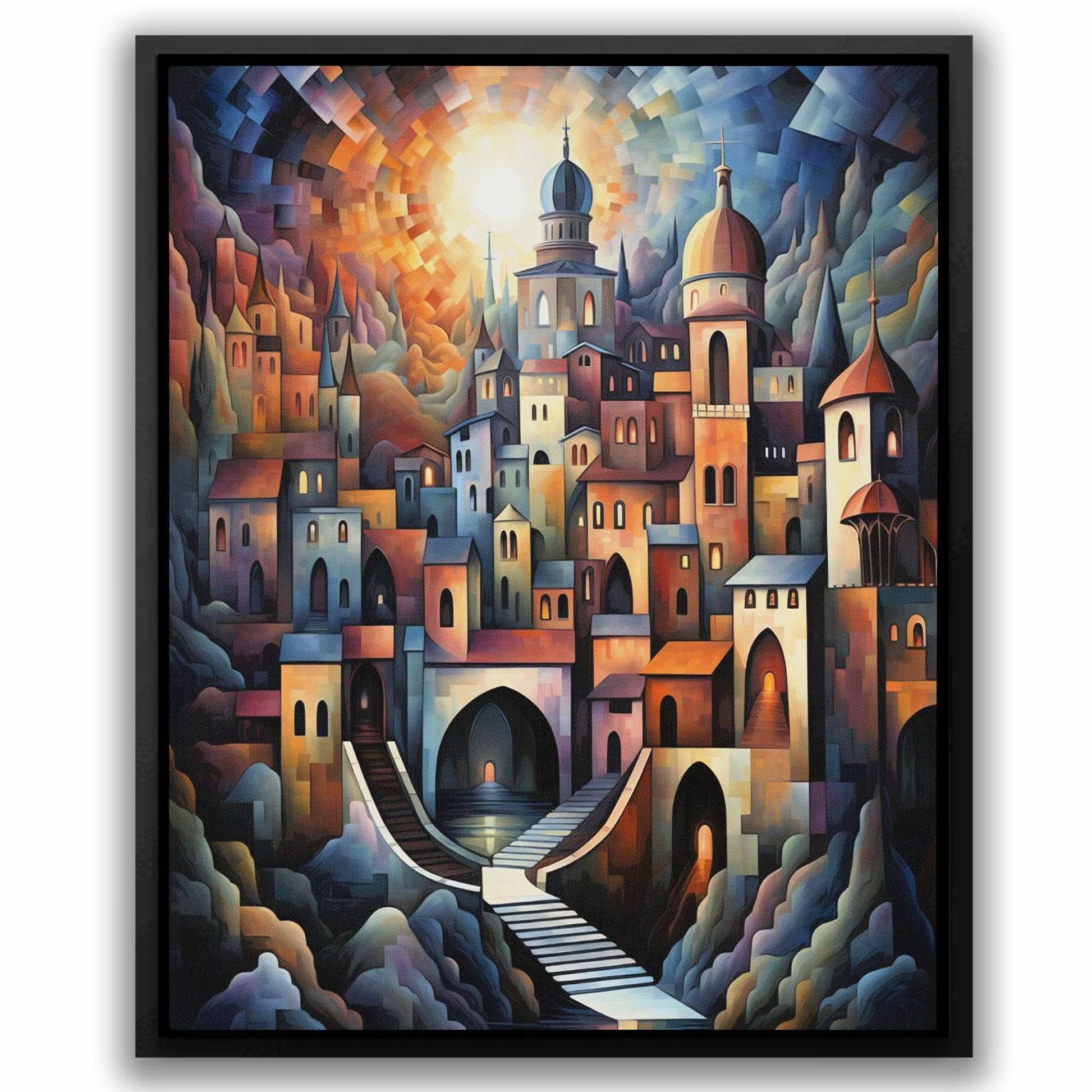 Geometric Cityscape - Abstract Wall Art in Black Frame